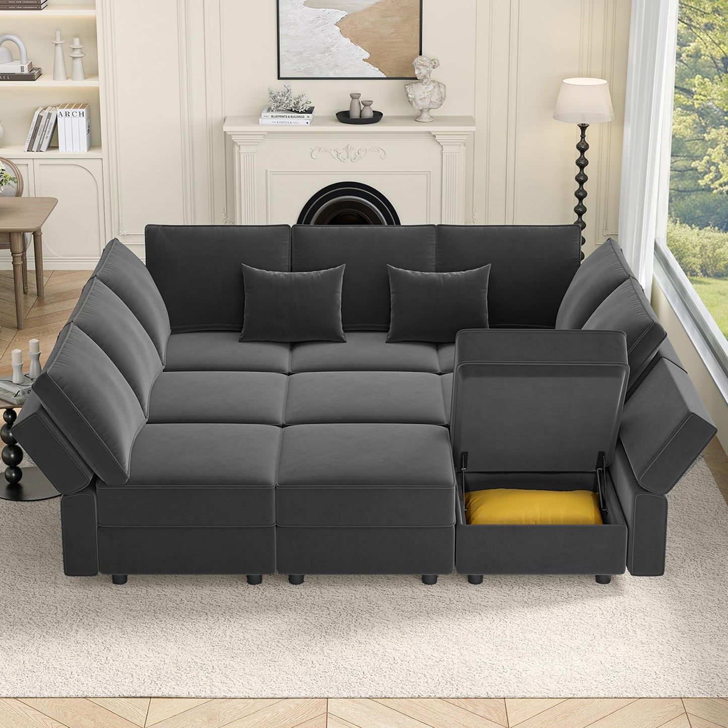 Vesgantti Modular Sofa Bed with Storage, 92" Sleeper Sofas with 9 Seats Storage Chaises Removable Cover, Luxury Large Velvet Sectional Couch Set for Living Room, Apartment, Home Theater, Gray