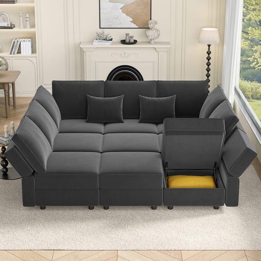 Vesgantti Modular Sofa Bed with Storage, 92" Sleeper Sofas with 9 Seats Storage Chaises Removable Cover, Luxury Large Velvet Sectional Couch Set for Living Room, Apartment, Home Theater, Gray