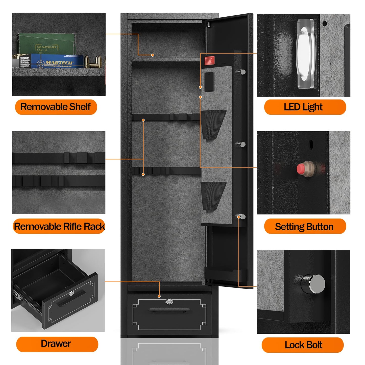KAER 5-6 Gun Safe,Gun Safes for Rifle and Pistols,No Assembly Gun Cabinets,Rifle Safe,GunSafes for Rifle and Shotguns,Gun Safes & Cabinets with Drawer,Indoor Gun Rack,Removable Shelf (L)