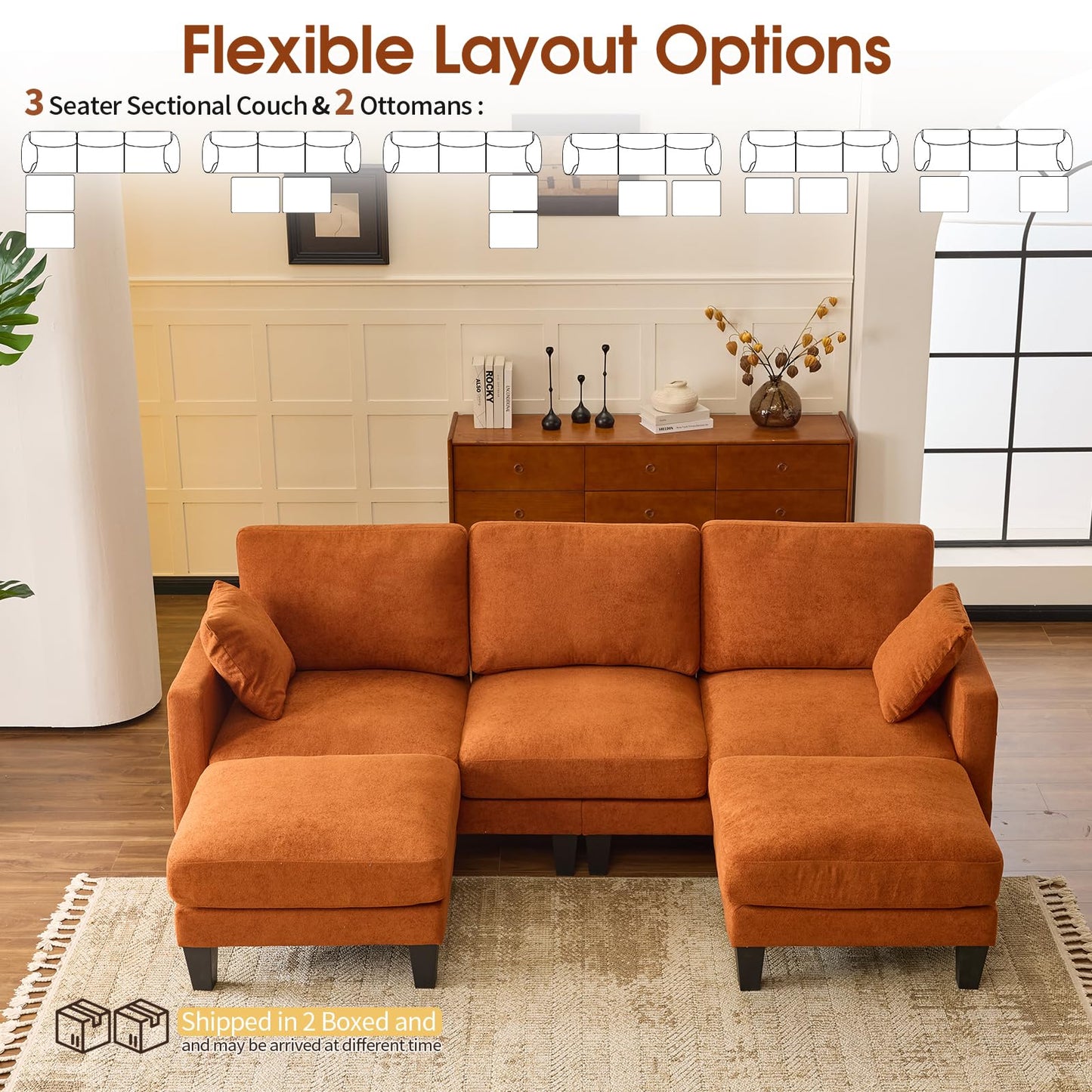 VINGLI 100" W U Shaped Couch with Ottoman, 22" Deep Seat Comfortable Sectional Couches for Living Room, 3 Seater Chenille Fabric Cloud Sofa for Apartment, Small Spaces, Bedroom, Orange
