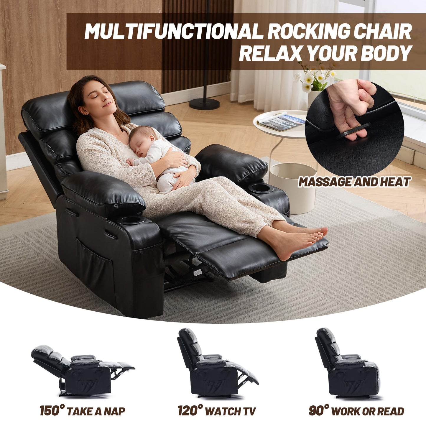 PU Leather Recliner Chair with Heat & 8-Point Massage, Extra Wide Manual Recliner for Adults, q235 Steel Frame, Side Pockets, 1.5X Comfort Arm & Back, Lazy Boy Sofa for Living Room or Bedroom - Black
