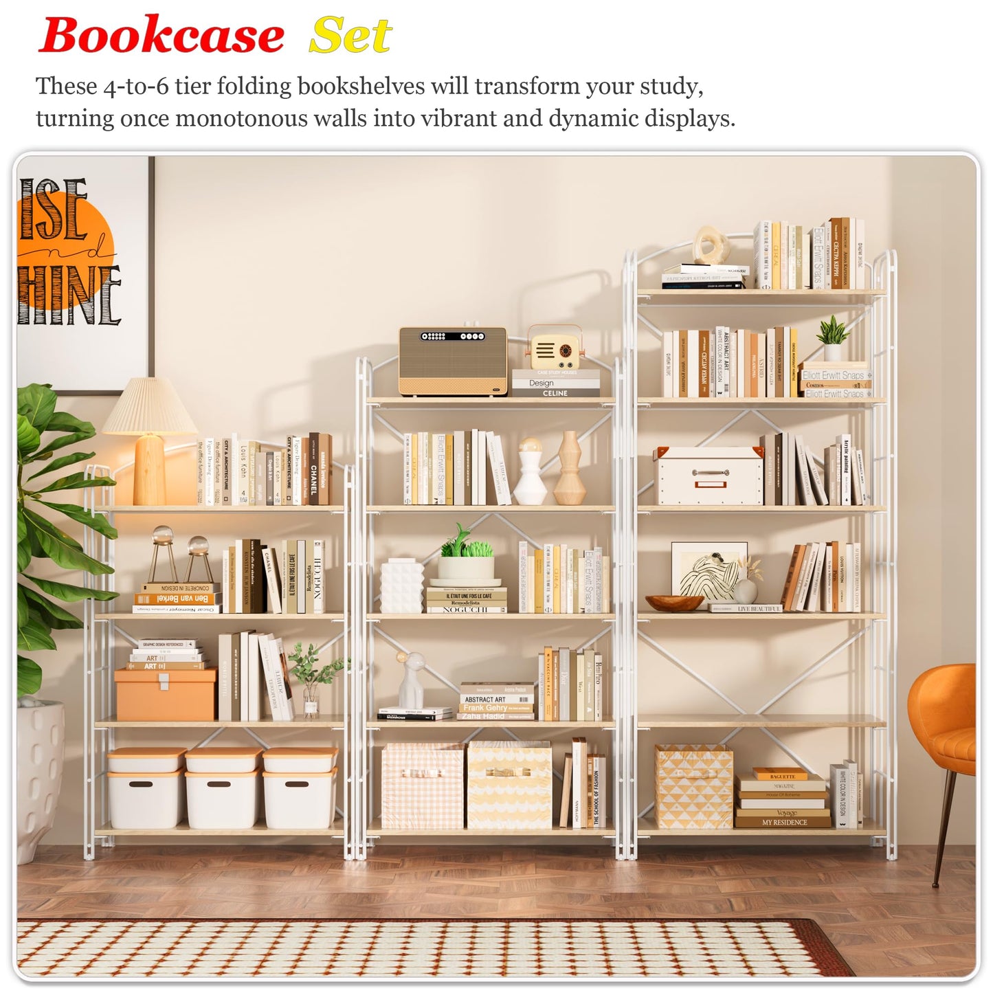 UDD Folding Bookshelf No Assembly, 65" H x 23.7" W, 6 Shelf Foldable Bookcase Industrial Collapsible Bookshelves, Open Storage Book Shelves for Small Spaces Home Office Living Room, Light Oak White