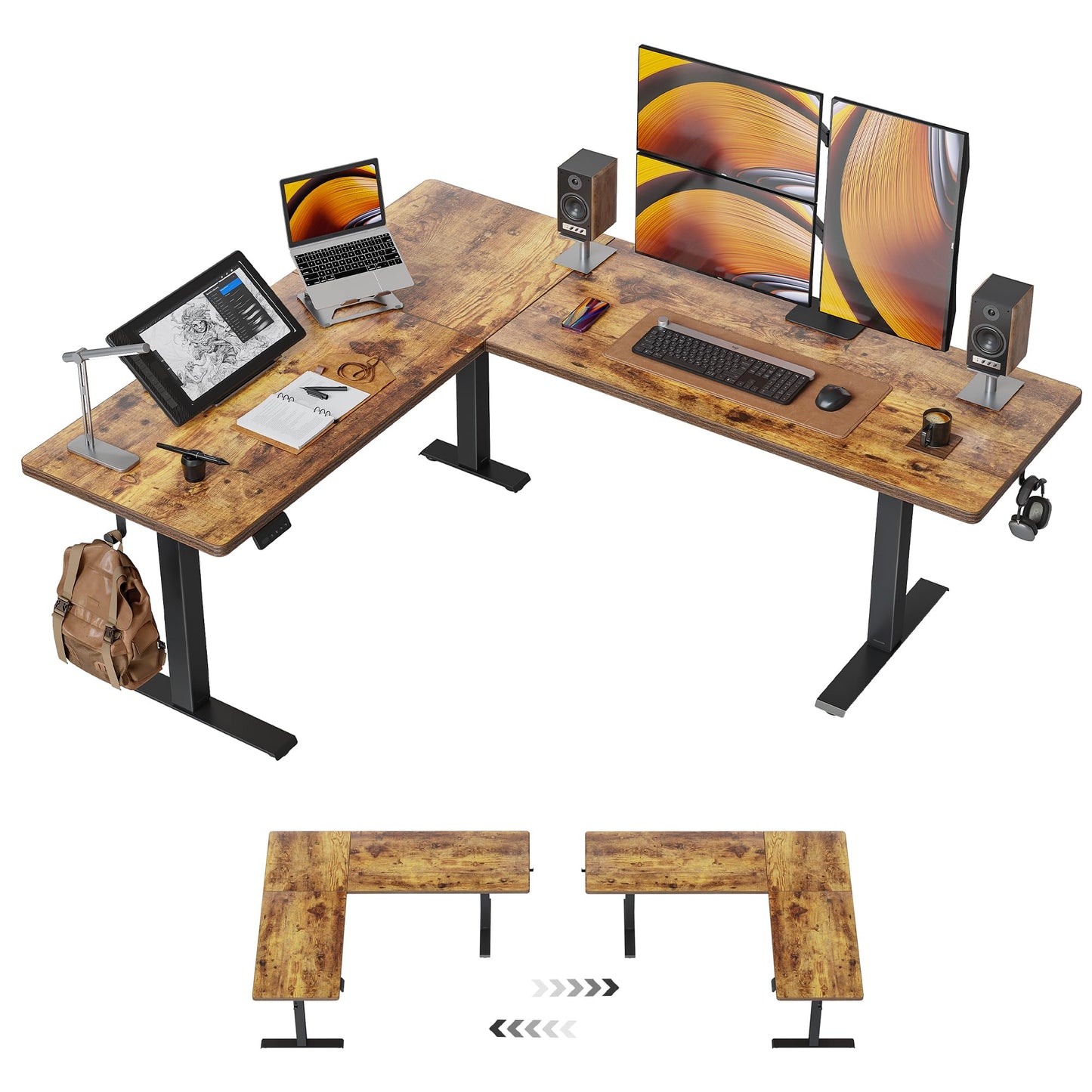 FEZIBO 63" L-Shaped Standing Desk - Adjustable Corner Desk L Shape, L-Shaped Adjustable Desk with Splice Board, L Shape Standing Desk, Rustic-Brown