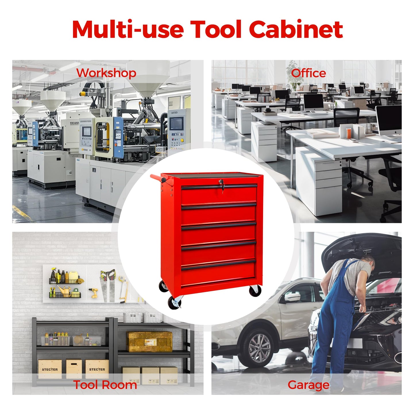 KEIKI 20 Inch Rolling Metal Tool Chest with 5 Drawers, Heavy Duty Steel Tool Cabinet on Wheels, Ball Bearing Slides Lockable Storage Cart Organizer for Garage Workshop Mechanic Repair, Red