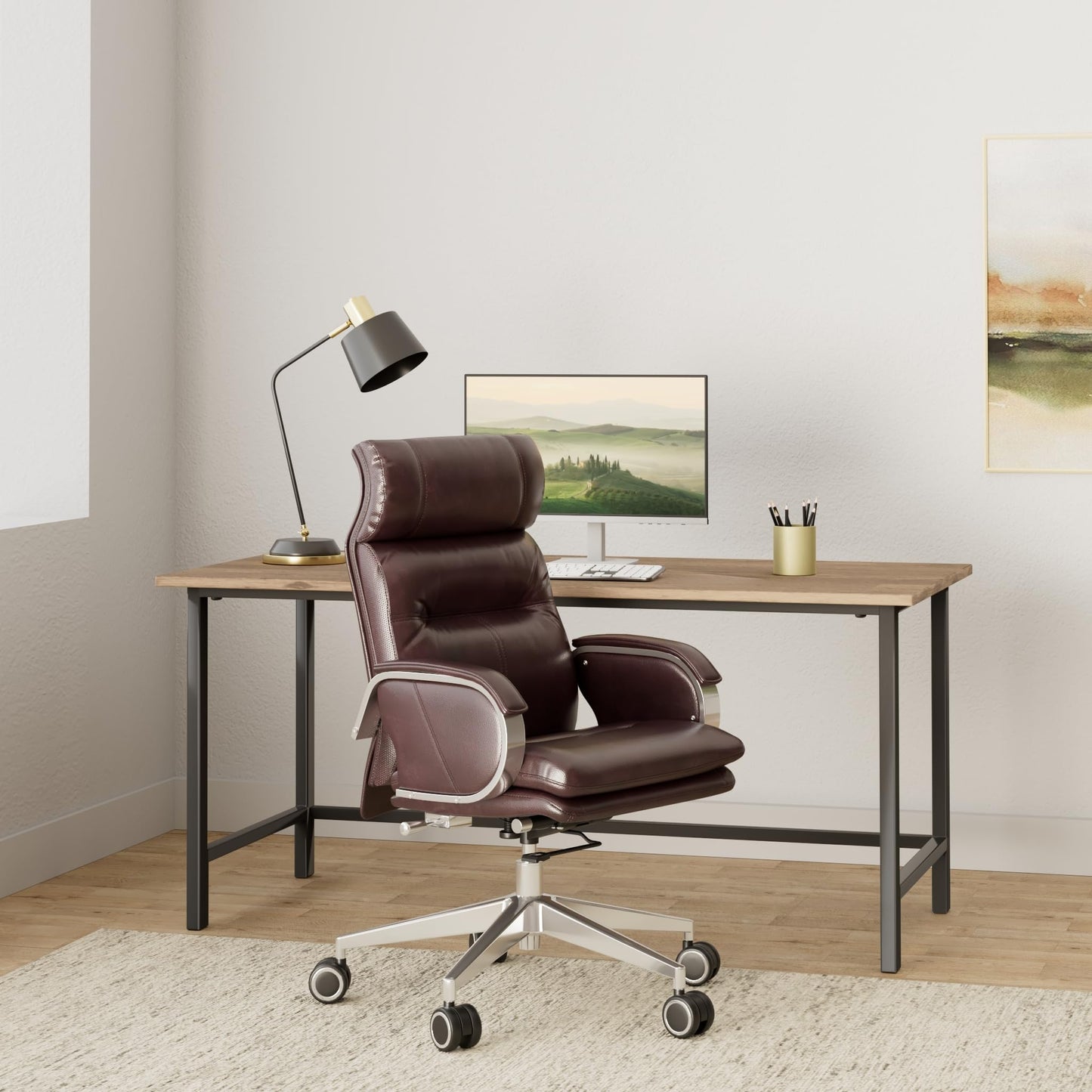 HUAUR Genuine Leather Modern Executive Chair High-Back Support 90 to 150 Degrees Tilt and Upholstered Home Desk Chair with Base 360LB Capacity Swivel Computer Office Chair (Brown)