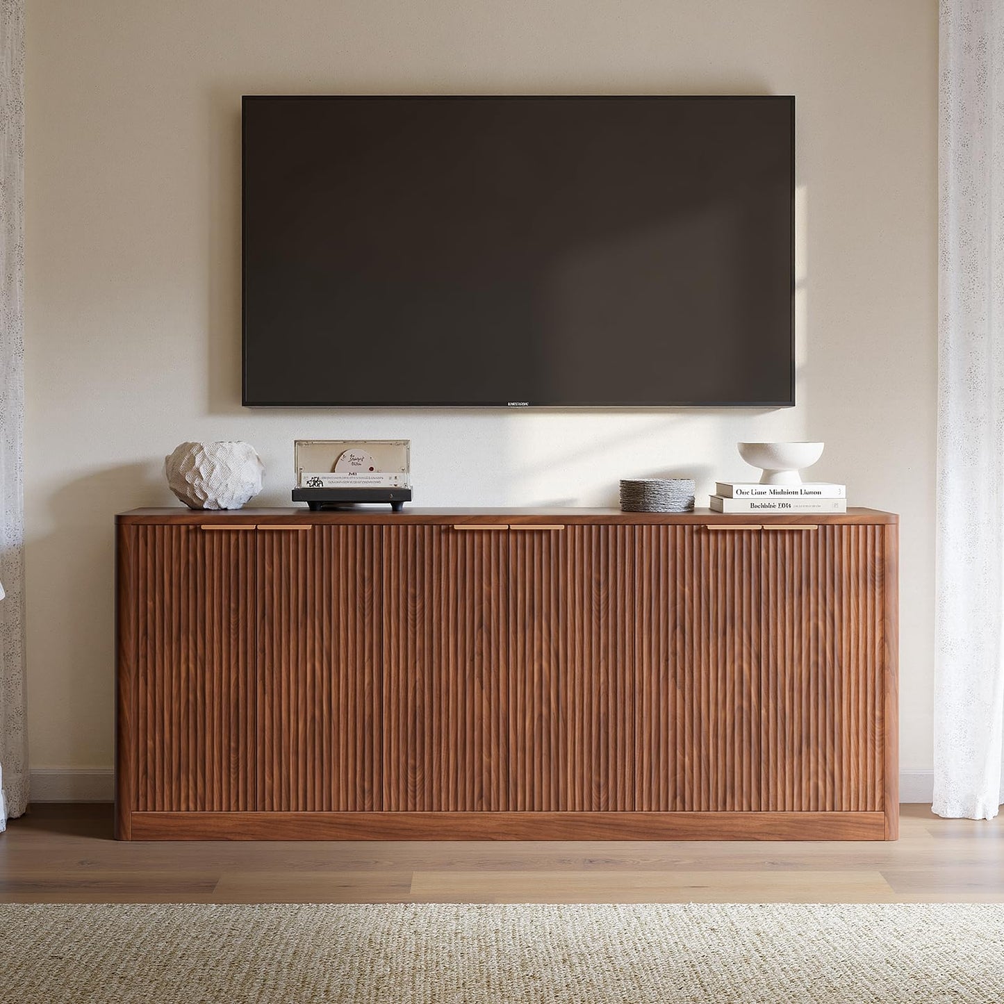 Evermagin 67" Walnut Fluted TV Stand for TVs up tp 75", Mid-Century Modern Entertainment Center with Storage Cabinets and Fluted Doors, Wood Media TV Consoles for Living Room and Bedroom Furniture