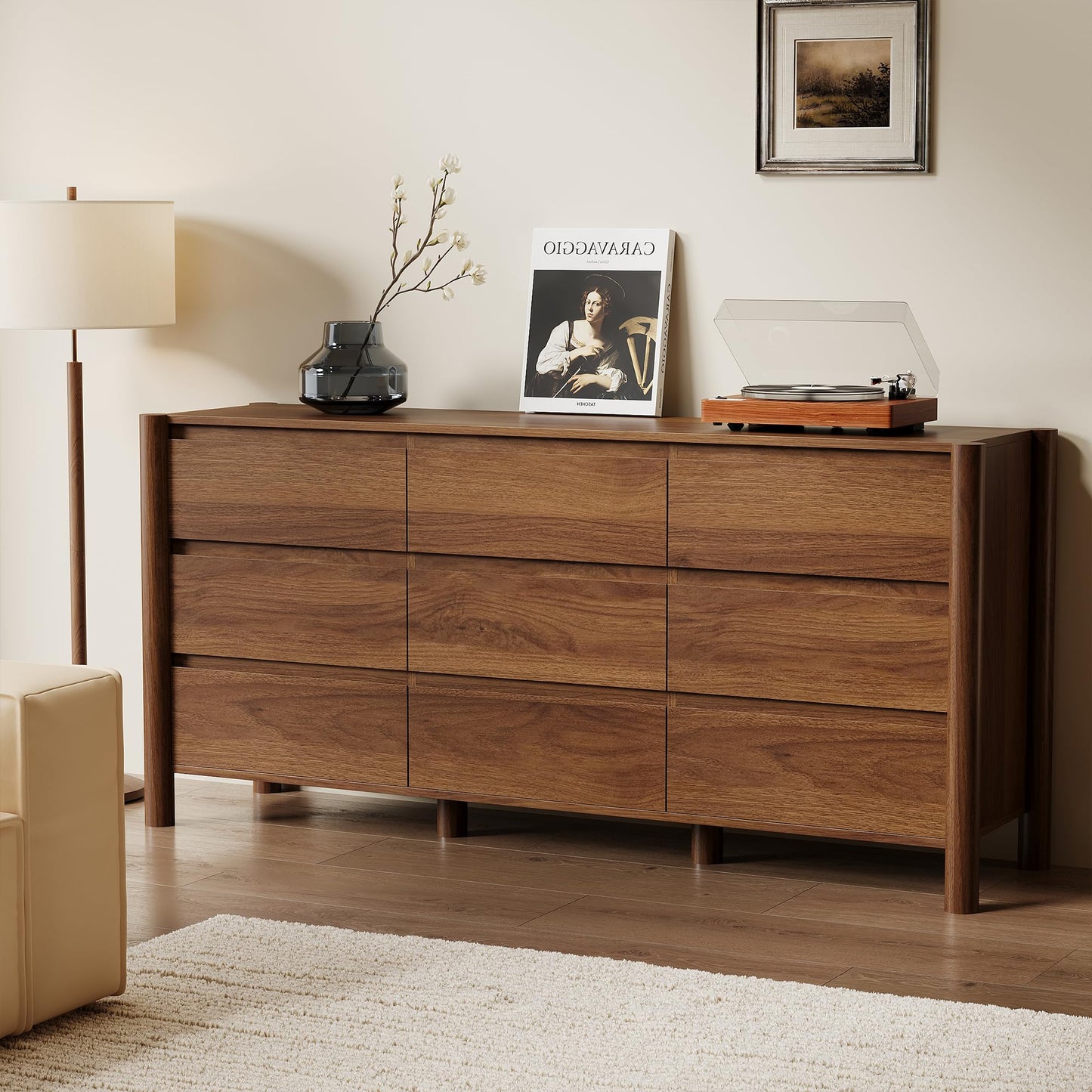 HOUROM 63" Wide 9-Drawer Dresser for Bedroom, Mid-Century Modern Chest with Solid Wood Legs, Concealed Handle,Large Wood Storage Organizer, Bedroom Storage,Walnut