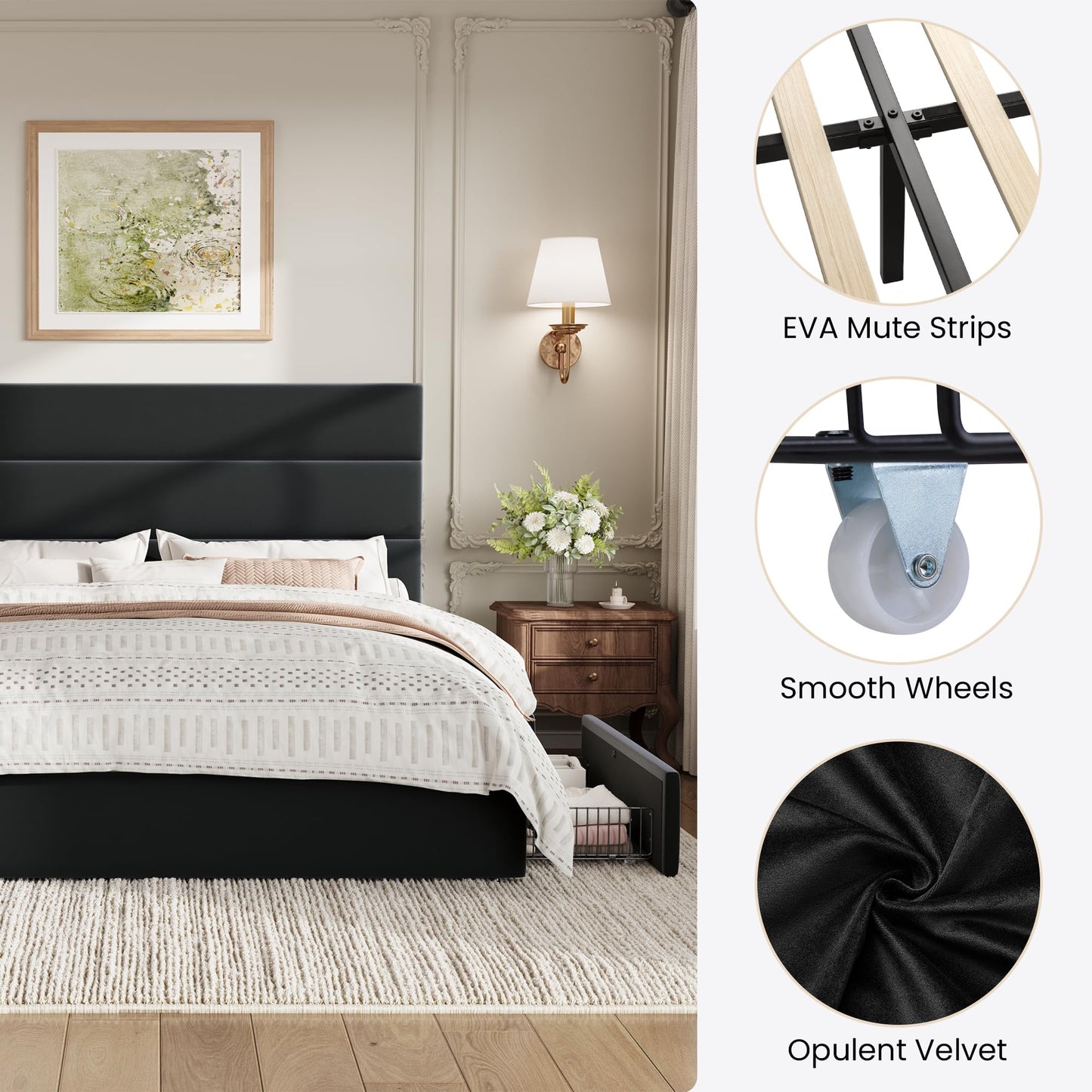 SHA CERLIN Queen Size Platform Bed Frame with 4 Storage Drawers, Velvet Upholstered Headboard, Mattress Foundation with Wooden Slats Support, No Box Spring Needed, Easy Assembly, Black
