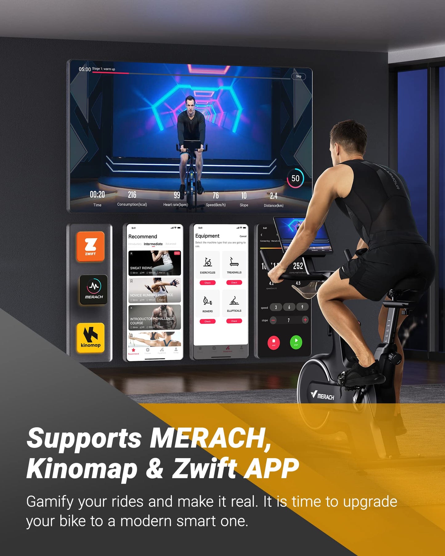 Merach Magnetic Exercise Bike, Low Noise Stationary Bike for Home with Comfortable Seat Cushion, Spinning Bike with 330 lb Weight Capacity, Exclusive App, Tablet Mount and Fitness Courses
