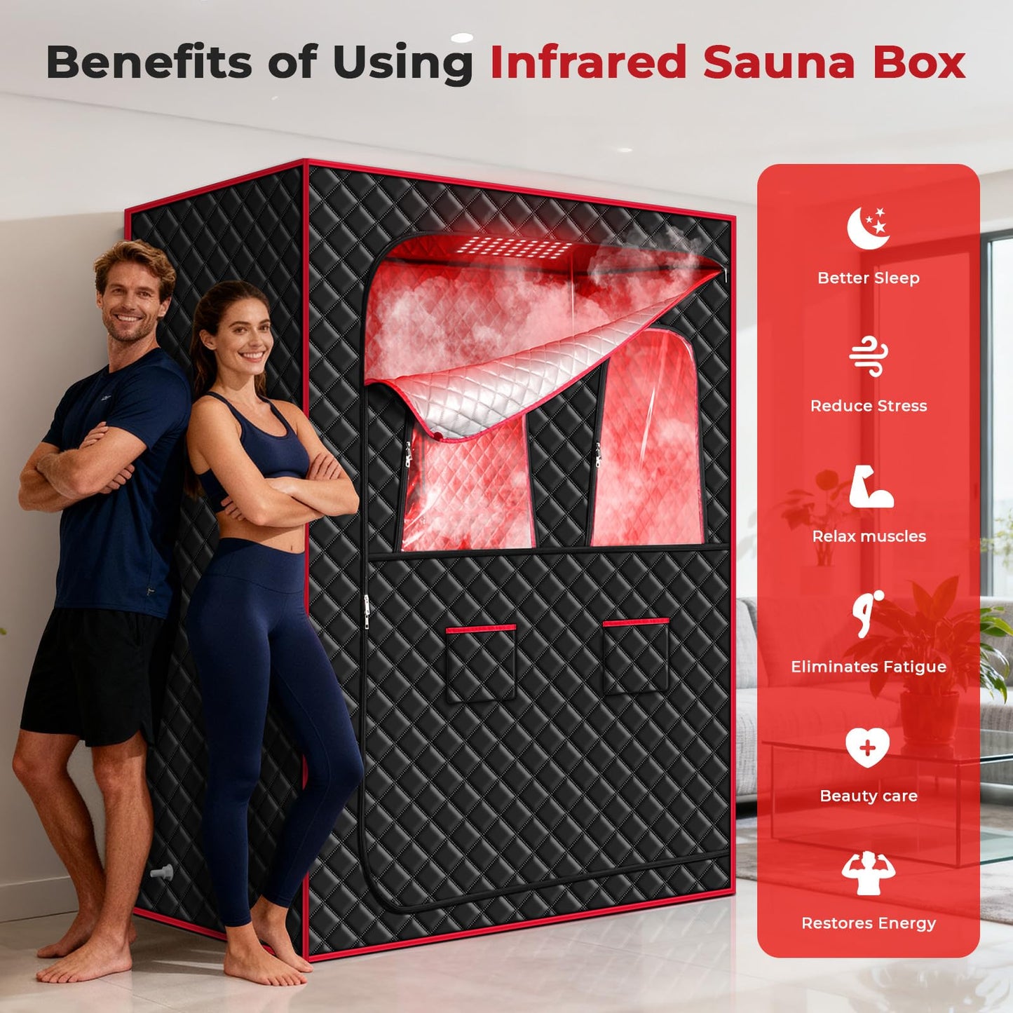 Morfone 2 Person Portable Infrared Steam Sauna with 660nm Red Light Therapy Lamp & 2 Steamers 2 Folding Chairs, Full Body Sauna Spa Tent at Home for Relaxation, 71"x 49"x 36",Black