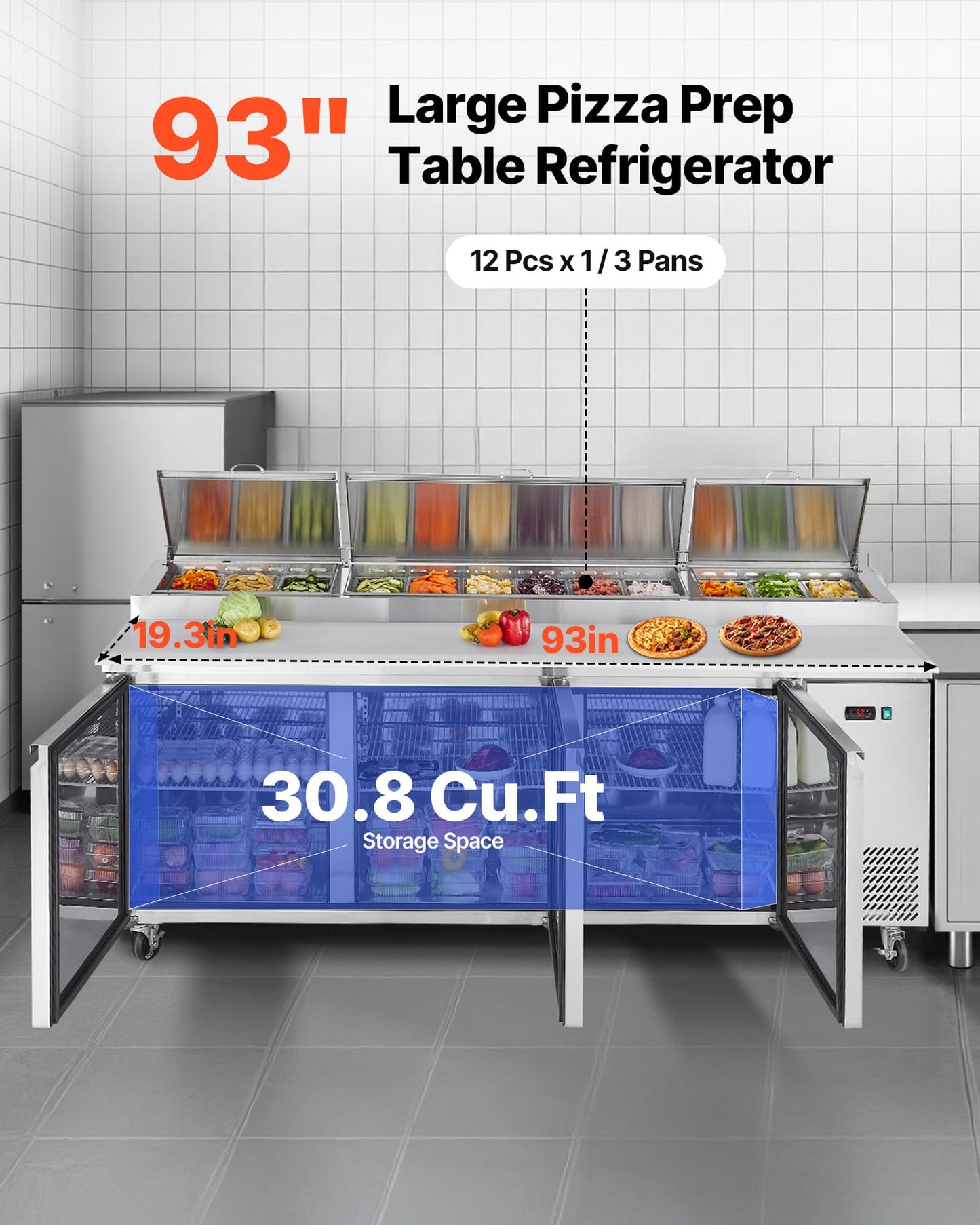 VEVOR 93"W Commercial Refrigerator, Pizza Prep Refrigerated Table, 19.3" Ultra Wide Countertop Food Prep Cooler, 30.8 Cu.Ft Single Door Salad Prep Fridge, 12 Pans Pizza Make Worktop with Cutting Board