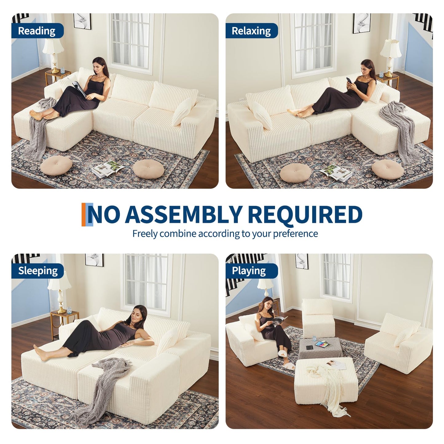 108" Modular Sectional Sofa Couches for Living Room Cloud Memory Boneless Couch No Assembly Required