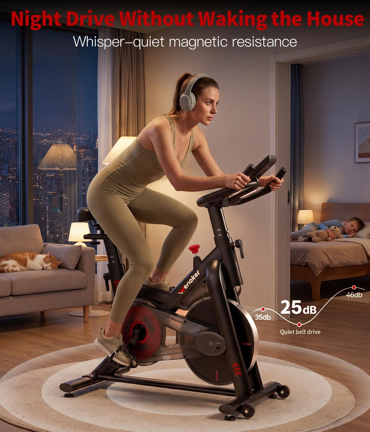 Magnetic Exercise Bike for Home – Adjustable Silent Spin Bike with 350lb Capacity, APP Connectivity, LCD Monitor & Device Holder – Indoor Cycling Bike for Cardio & Weight Loss
