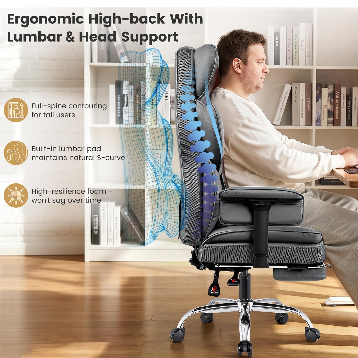 Stella Mia Big and Tall Office Chair, Heavy Duty Ergonomic Executive Computer Chair with Adjustable Arms and Wide Seat, PU Leather High Back for Heavy People, Gray 2 Pack