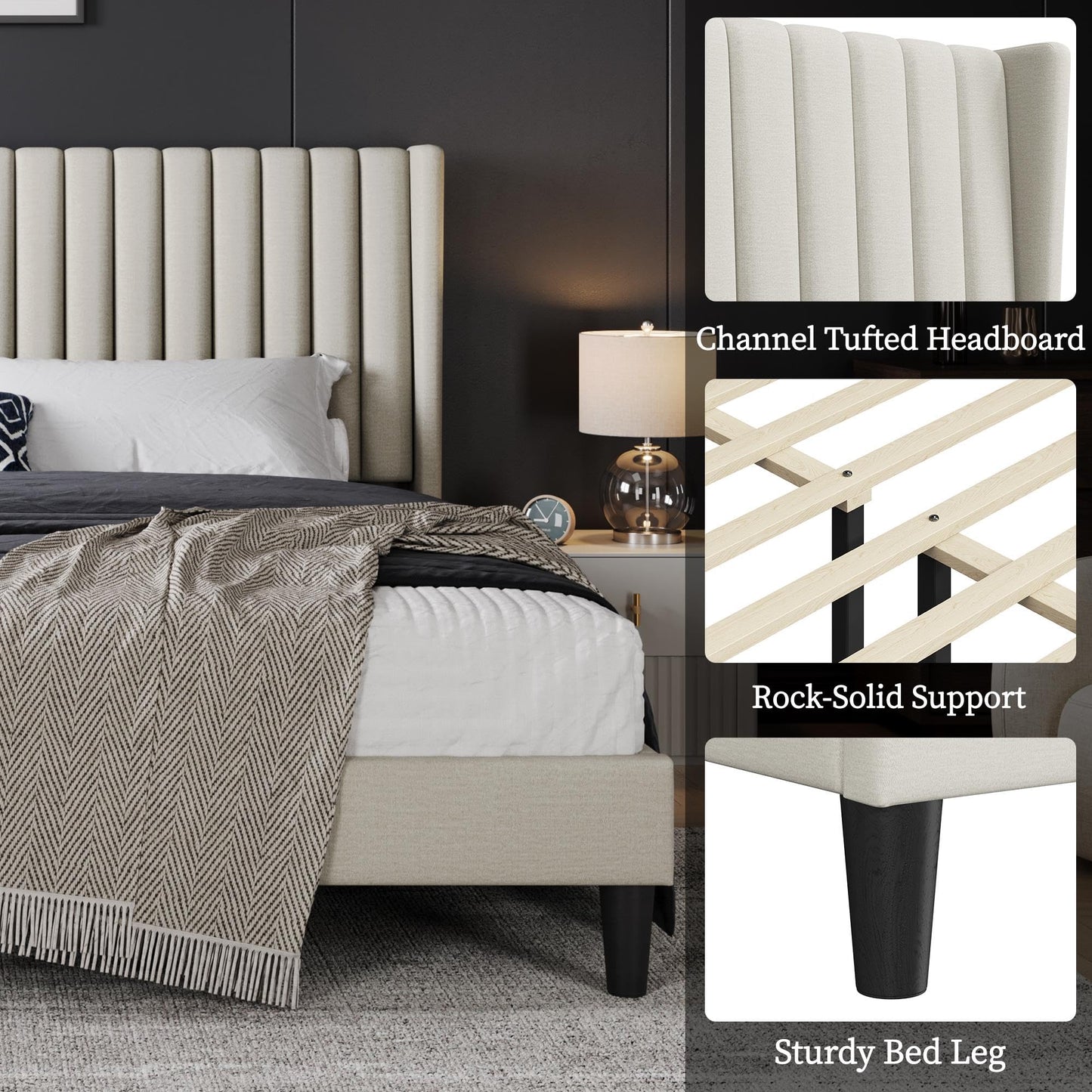 Yaheetech King Bed Frame Upholstered Platform Bed with Fabric Headboard, Wing Edge Design/Non-Slip and Noise-Free/Wooden Slats Support/No Box Spring Needed/Easy Assembly, Beige King Bed