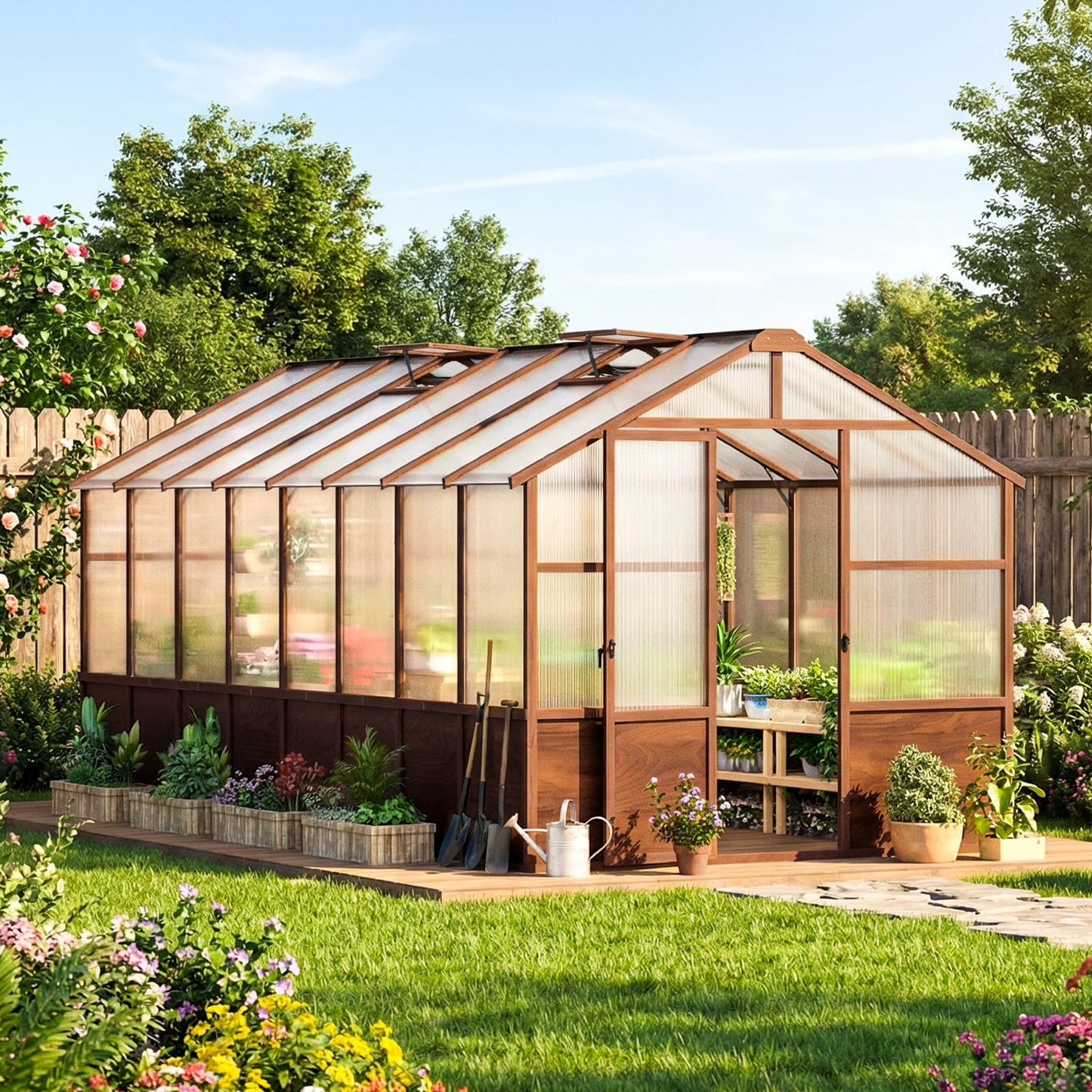 Jocoevol 8x16ft Outdoor Greenhouse, Wooden Frame Polycarbonate Greenhouse with Adjustable Roof Vents and Lockable Door Handle, Walk-in Greenhouse Perfect for Backyard and Garden