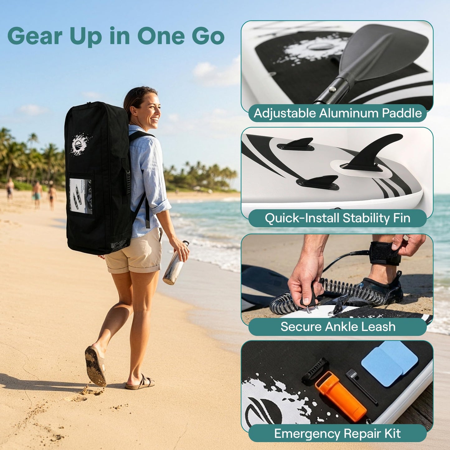 SereneLife Inflatable Stand Up Paddle Board (6 Inches Thick) with Premium SUP Accessories & Carry Bag | Wide Stance, Bottom Fin for Paddling, Surf Control, Non-Slip Deck | Youth & Adult Standing Boat