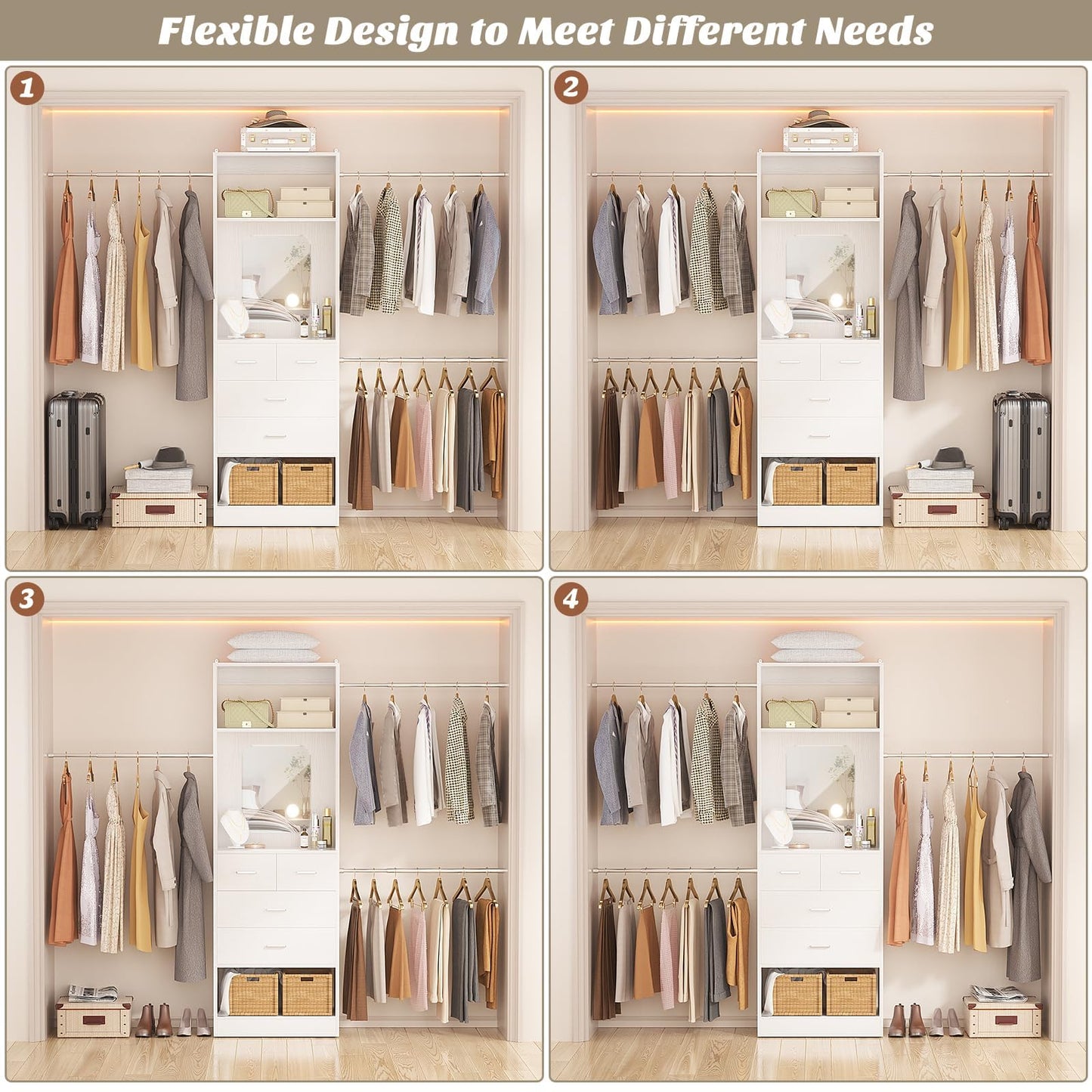 Unikito 48" W - 96” W Closet Organizer, 8FT Walk in Closet Systems Starter Kit with 25” Tower and 3 Extendable Hanging Rods, Sturdy Wood Garment Rack with 4 Drawers and Mirror, Max Load 1000 LBS White