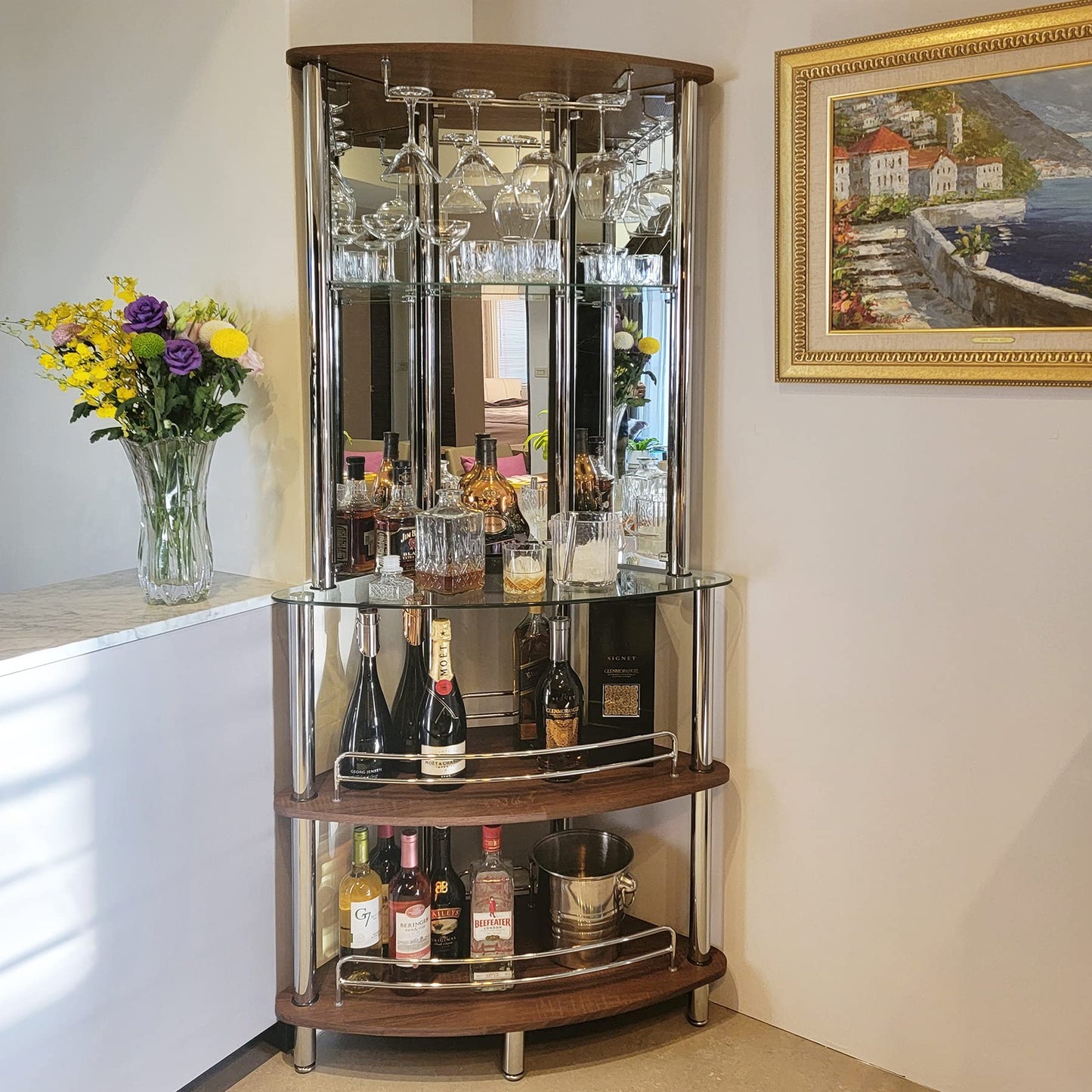 Mango Steam Contemporary Modern Home Entertainment Liquor Bar Catalina Table (Tower Bar, Clear and Brown)
