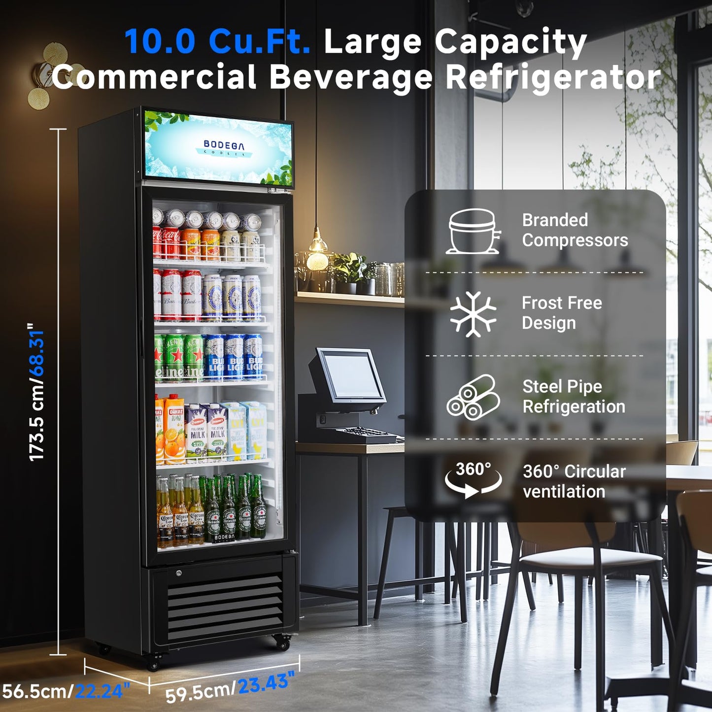 BODEGACOOLER Beverage Refrigerator and Cooler, 10.0 Cu.Ft. Commercial Refrigerator For Home & Kitchen, Office and Garage, Display Refrigerator with Adjustable Shelves and LED Light For Beer, Soda.