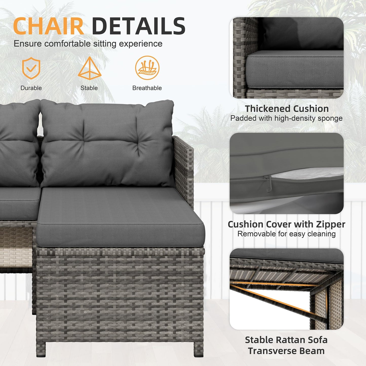 Shintenchi 3 Pieces Outdoor Patio Furniture Sets, Wicker Patio Conversation Sets, All Weather Wicker Rattan Patio Seating Sofas with Glass Coffee Table and Cushion, Gray