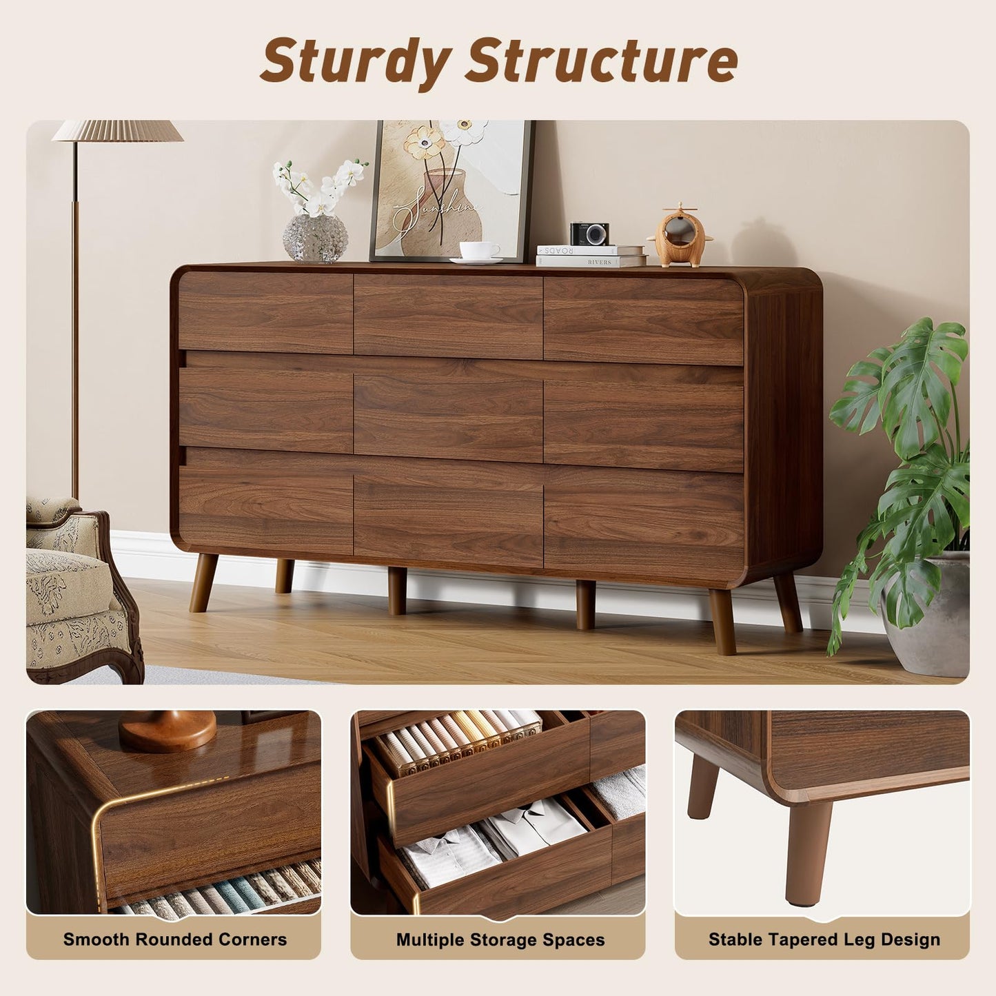 Nasonet Mid Century Modern 9 Drawer Dresser for Bedroom, Wooden Dresser & Chests of Drawers, Wide Storage Drawer Dresser TV Stand, Walnut