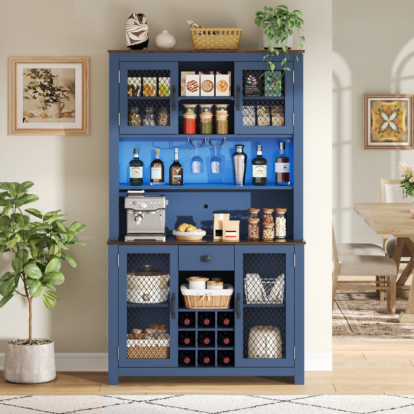 Merax 70.9" Tall Kitchen Pantry Storage Cabinet with Charging Station and LED Lights, Rustic Kitchen Hutch Food Pantries with Wine Rack, Drawer & Adjustable Shelves for Dining Room, Navy Blue