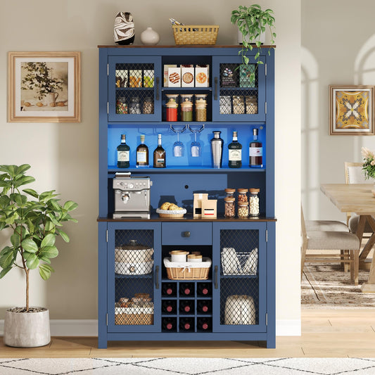 Merax 70.9" Tall Kitchen Pantry Storage Cabinet with Charging Station and LED Lights, Rustic Kitchen Hutch Food Pantries with Wine Rack, Drawer & Adjustable Shelves for Dining Room, Navy Blue