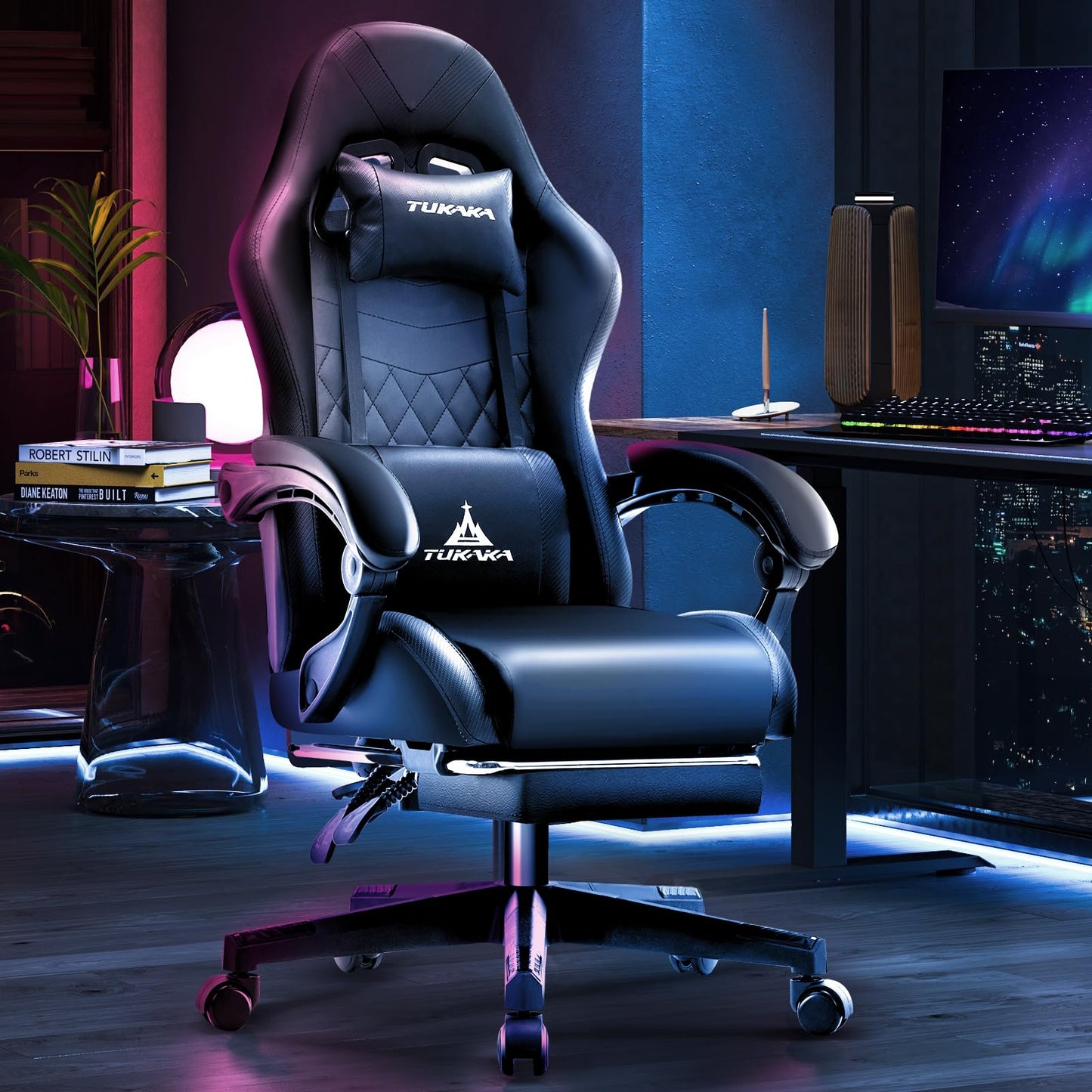 TUKAKA Gaming Chair,Ergonomic Massage Computer Office Desk Chair with Footrest,Pocket Spring Cushion,Reclining Leather Adjustable Gamer Chair with Headrest and Lumbar Support,Black