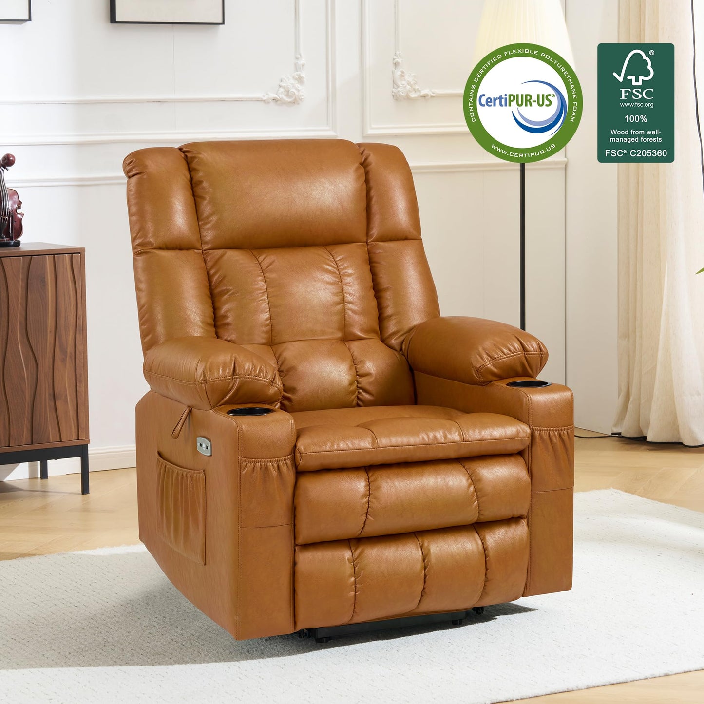 MCombo Dual Motor Power Lift Recliner Chair for Elderly, Lay Flat Lift Chair with Heat and Massage, Cup Holders, USB Ports, Faux Leather 7890 (Tawny, Medium)