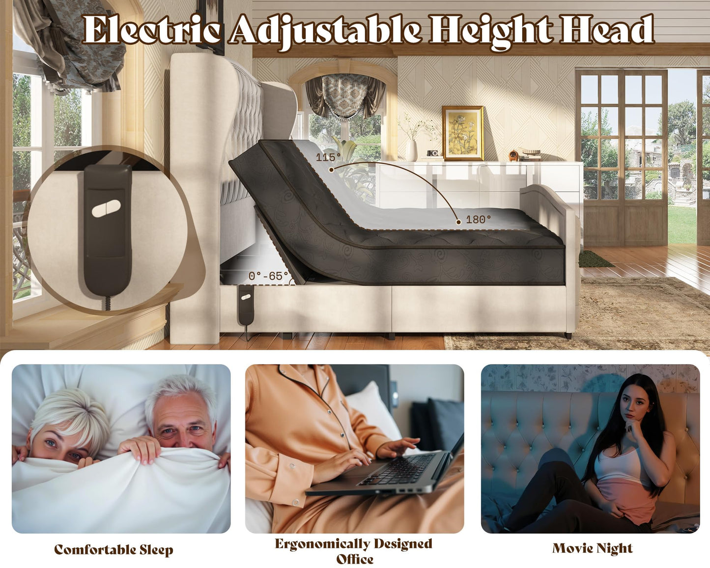 AMERLIFE King Size Adjustable Bed Frame with 51" H Velvet Upholstered and Deep Button Tufted Headboard, Electric Bed with Dual Motor/Nailhead Trim Wingback, No Box Spring Needed, Cream