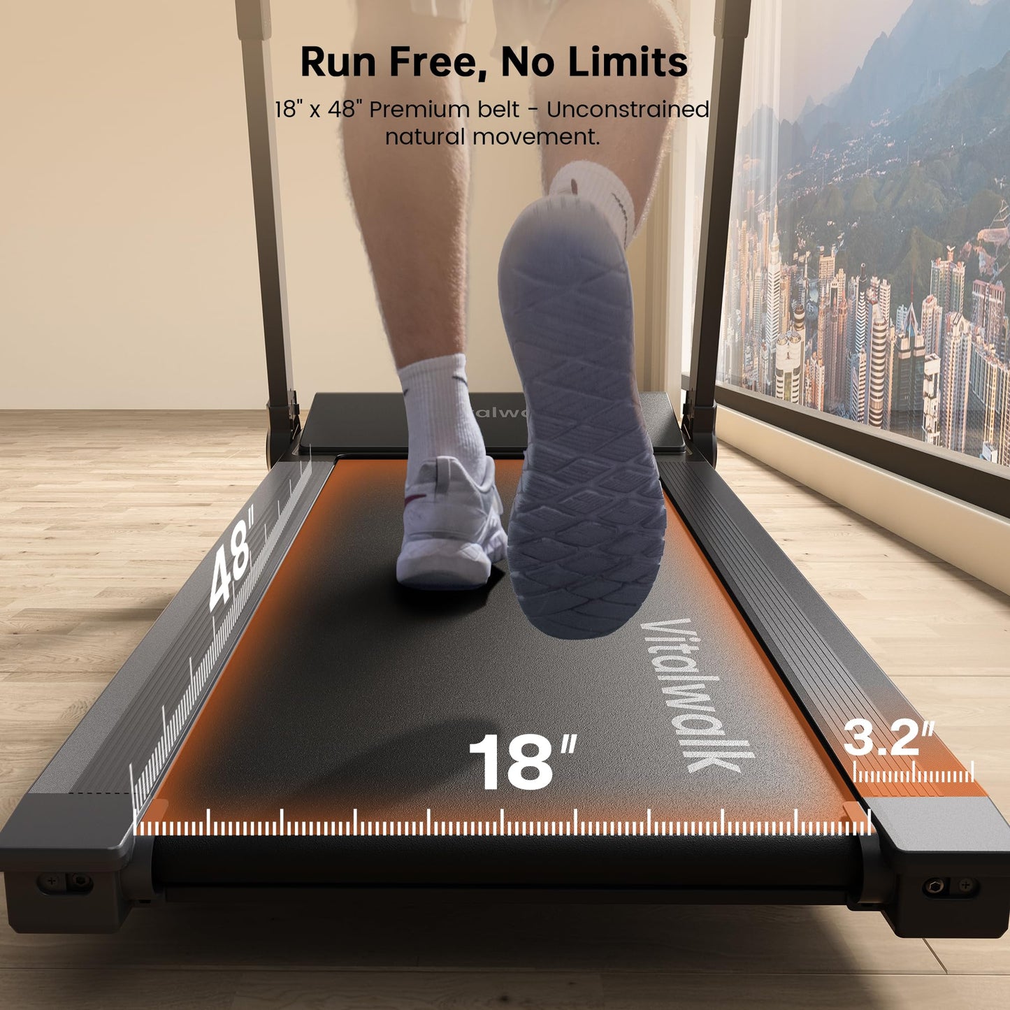 Vitalwalk Foldable Treadmill with Auto Incline, 48"x18" Wide Running Belt, 10MPH, 3.5HP Brushless, Walking Pad Treadmill for Home, Auto Folding, No Installation, 350LBS Capacity, APP, 20% Auto Incline