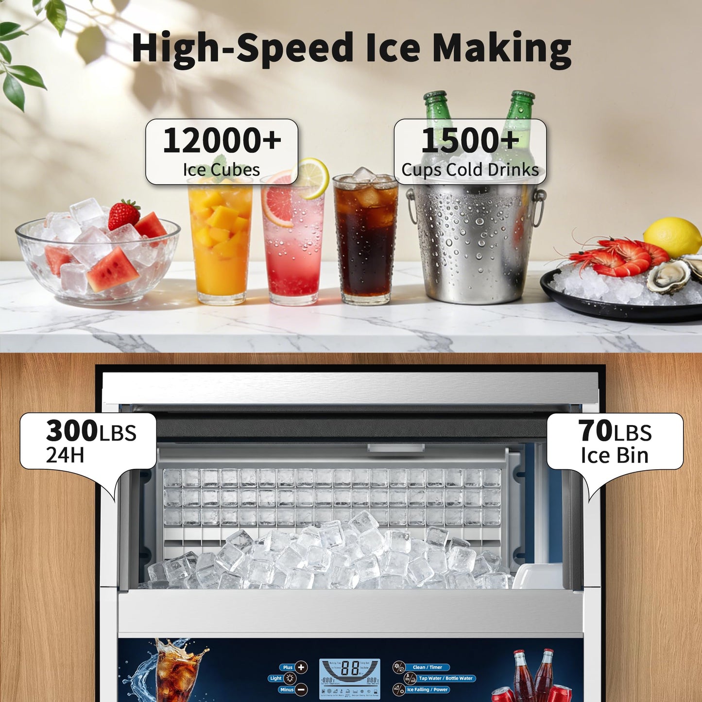 Commercial Ice Maker Machine, 300 lbs/24h with 70 lbs Storage, 126 Ice Cubes in 15 Mins, ETL FCC, Under Counter Ice Maker with LED Display, 24H Timer, Smart Reminder, for Cafe Bar Restaurant