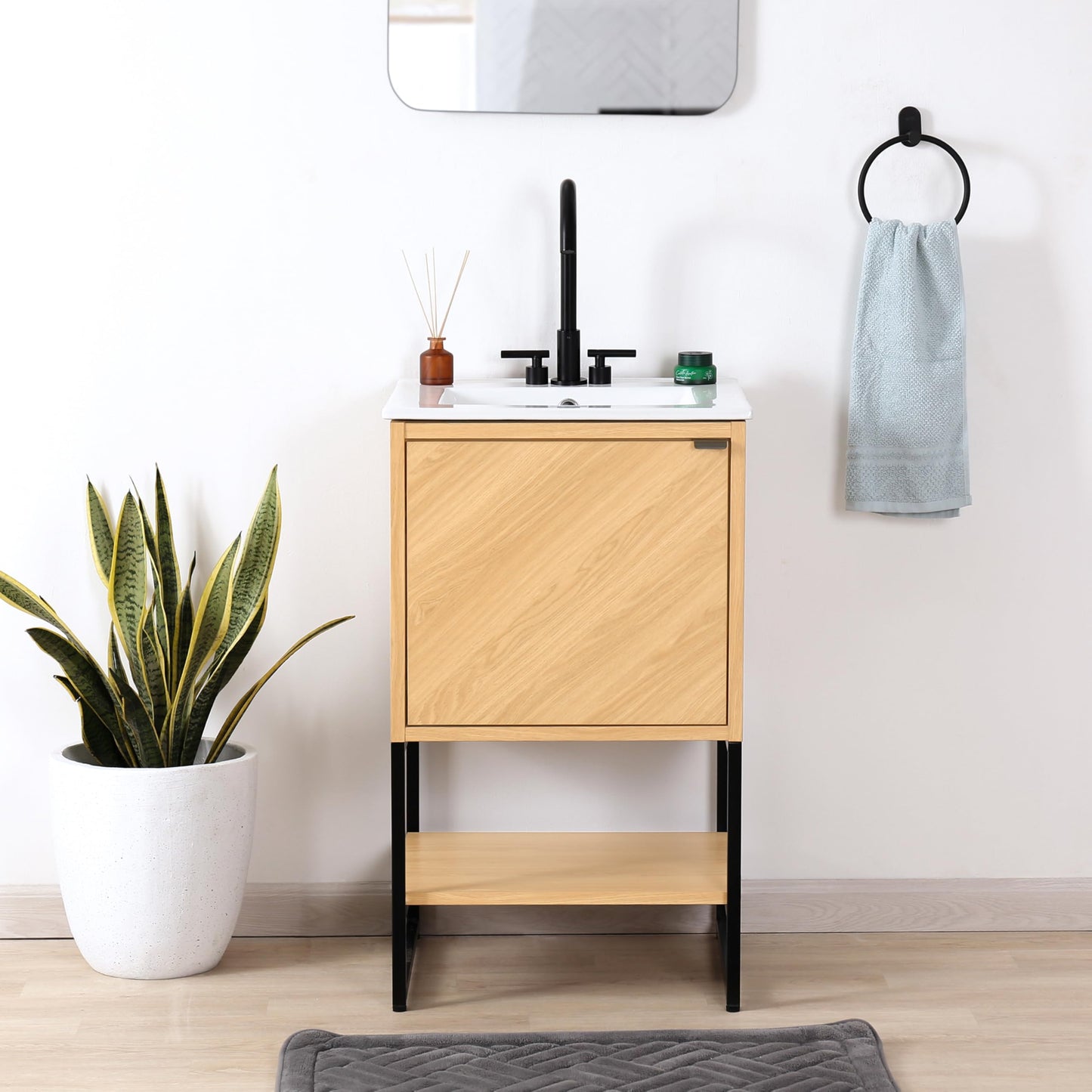 JONATHAN Y Juhl 20 in. W x 18 in. D x 33 in. H Modern Bathroom Vanity Cabinet with Chevron-Front and Soft-Close Door, Oak Freestanding Storage (Sink Basin Not Included) VAN1012A