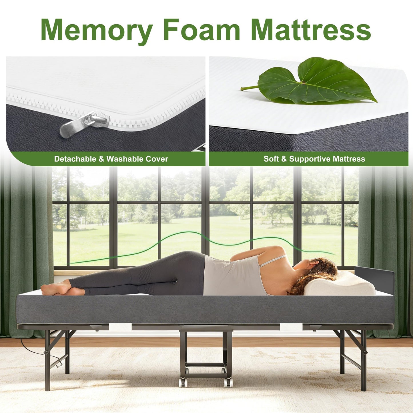 FLIXELIO Folding Bed with Mattress for Adults, 75" x 46" Rollaway Guest Bed with 5" Memory Foam and Adjustable Headboard, Heavy-Duty Steel Bed Frame Supports 500LBS, Foldable Bed with Lockable Wheels