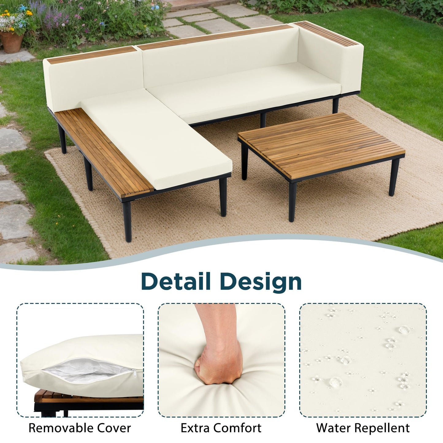Luxury 4-Piece L-Shaped Outdoor Patio Sofa Set with Acacia Wood Side & Coffee Table, Removable Cushions & Pillows, Metal Frame, Comfortable Modular Conversation Sectional for Backyard, Porch, Beige