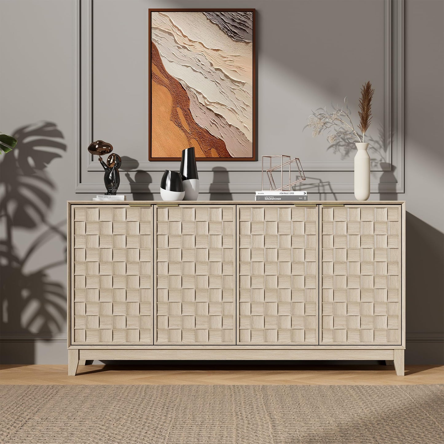MALOL Fluted Sideboard Buffet Cabinet with Storage, 59" Wood Buffet Table with Doors & Adjustable Shelves, Kitchen Dining Room Coffee Bar Cabinet, Mid Century Modern Style, Natural Wood