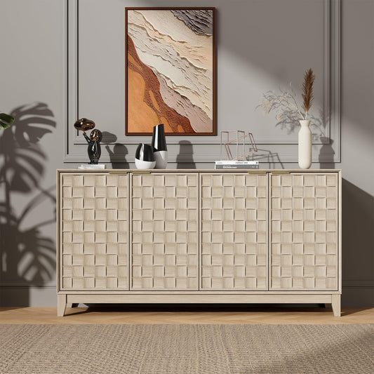 MALOL Fluted Sideboard Buffet Cabinet with Storage, 59" Wood Buffet Table with Doors & Adjustable Shelves, Kitchen Dining Room Coffee Bar Cabinet, Mid Century Modern Style, Natural Wood