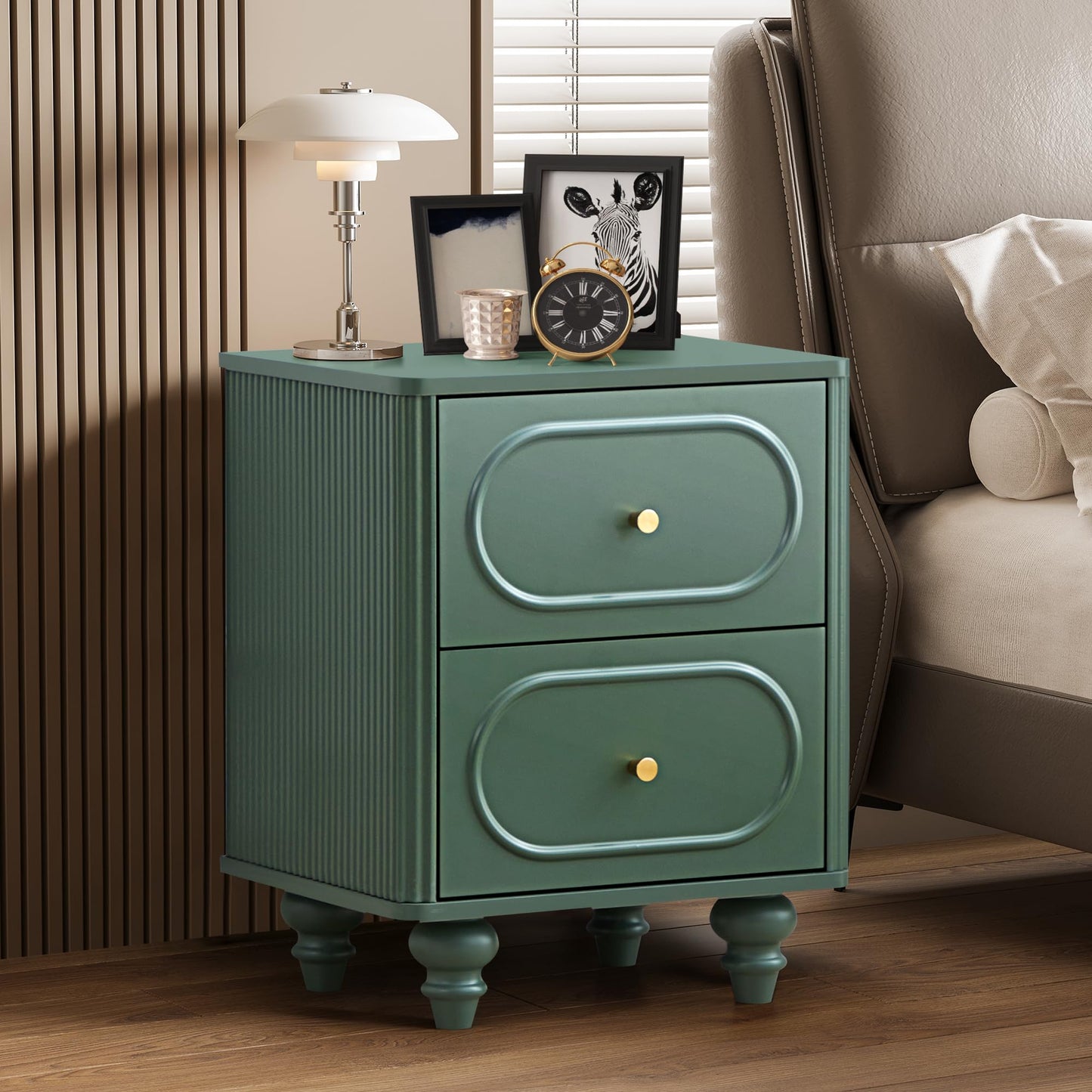 2 Drawer Fluted Nightstand Set of 2, Mid Century Modern Farmhouse Night Stand Small End Table Bedside Table for Bedroom, Green