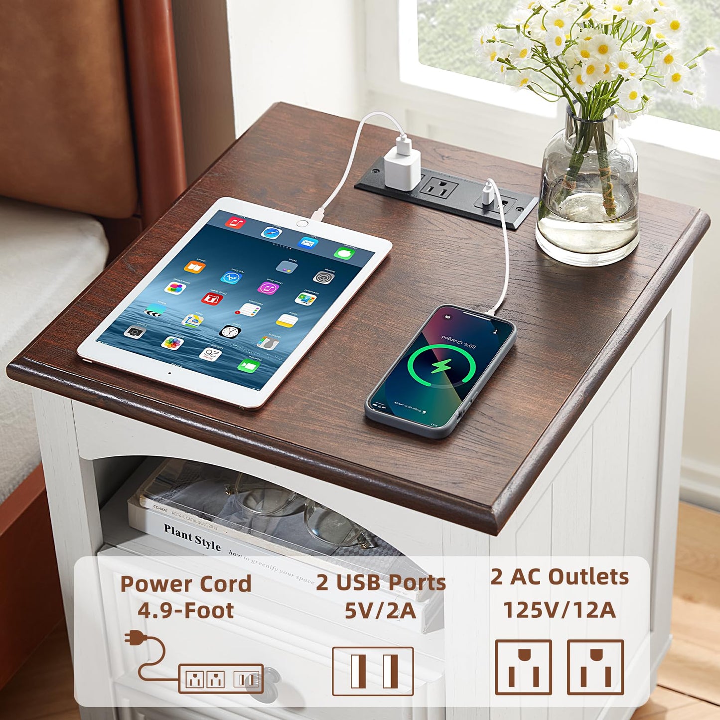 RWYHG 18" Farmhouse Night Stands Set of 2 with Charging Station, Wooden Nightstand with 2 Drawers, Bedside End Table with Storage, Bed Side Tables Cabinet for Bedroom, Living Room, and Closet(White)