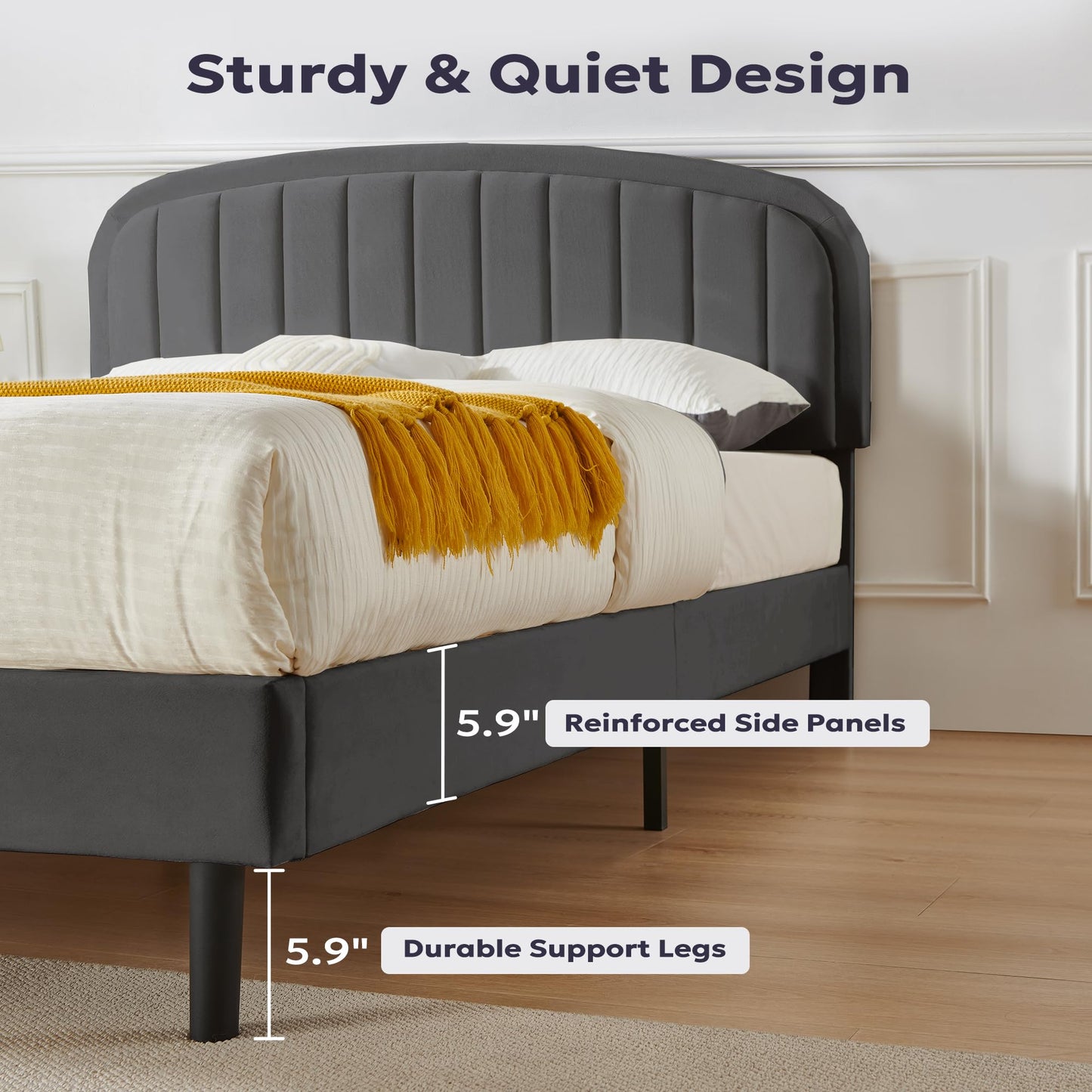 Furnify King Size Bed Frame, Velvet Upholstered Platform Bed with Vertical Channel Tufted Headboard, Rounded Corners Design, Metal Bedframe with Wooden Slat, No Box Spring Required, Grey
