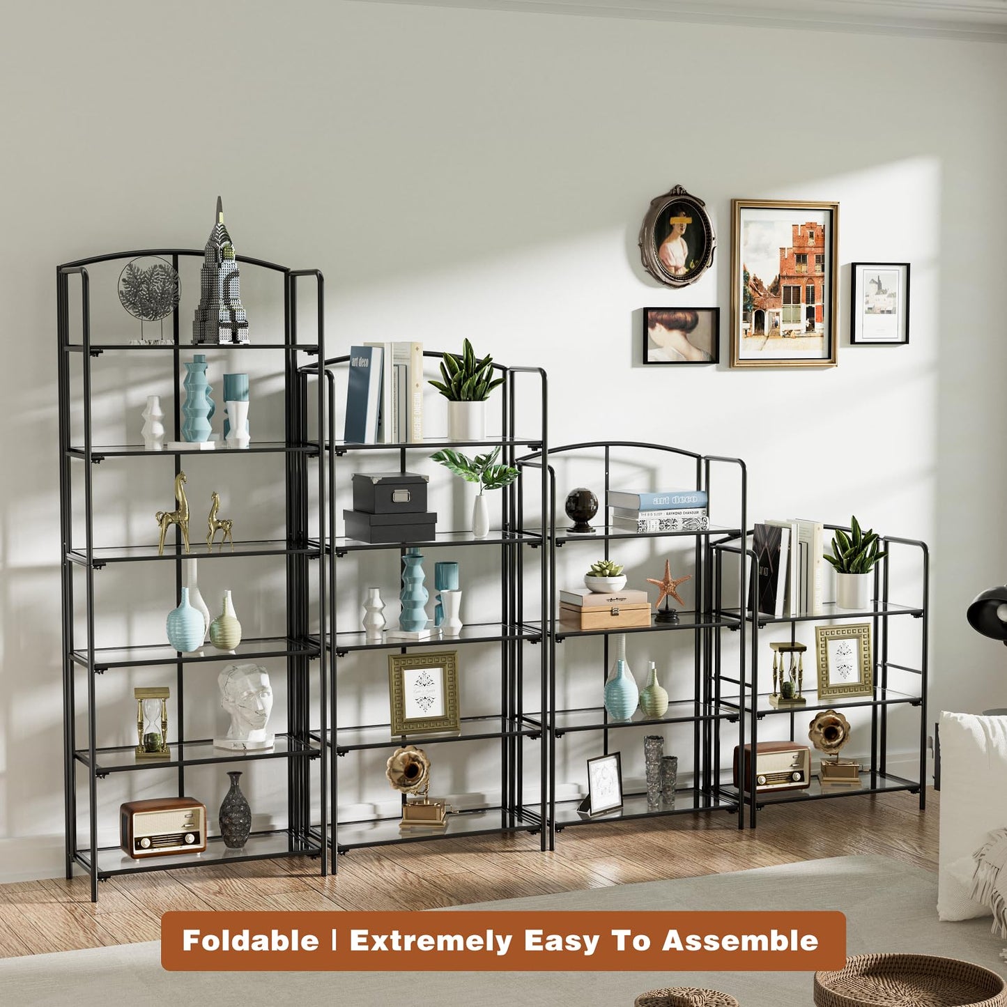 Crofy 5-Tier Wider Foldable Bookshelf, Black Frame & Transparent Shelves