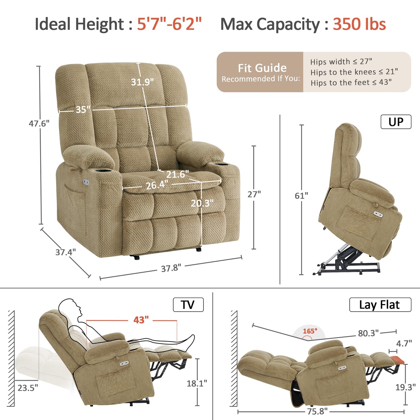 MCombo Oversized Power Lift Recliner Chair for Elderly, Dual Motor Lift Chair with Heat and Massage, Lay Flat Lift Chair for Big and Tall, Cup Holders, Fabric R7891 (Oversize, Beige)