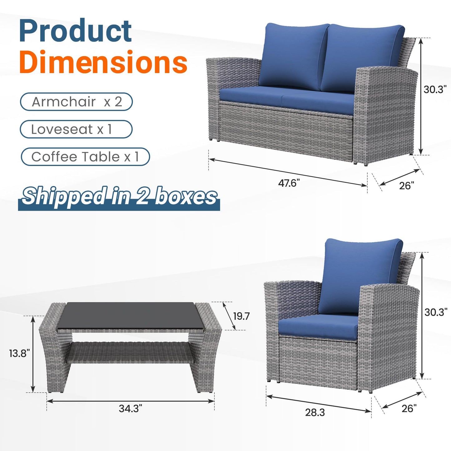 Wisteria Lane Patio Furniture Set, Wicker Outside Outdoor Furniture for All Weather, Patio Sofa with High Backrest Support and Wide Armrest for Backyard, Balcony, Deck, Porch, Navy Blue