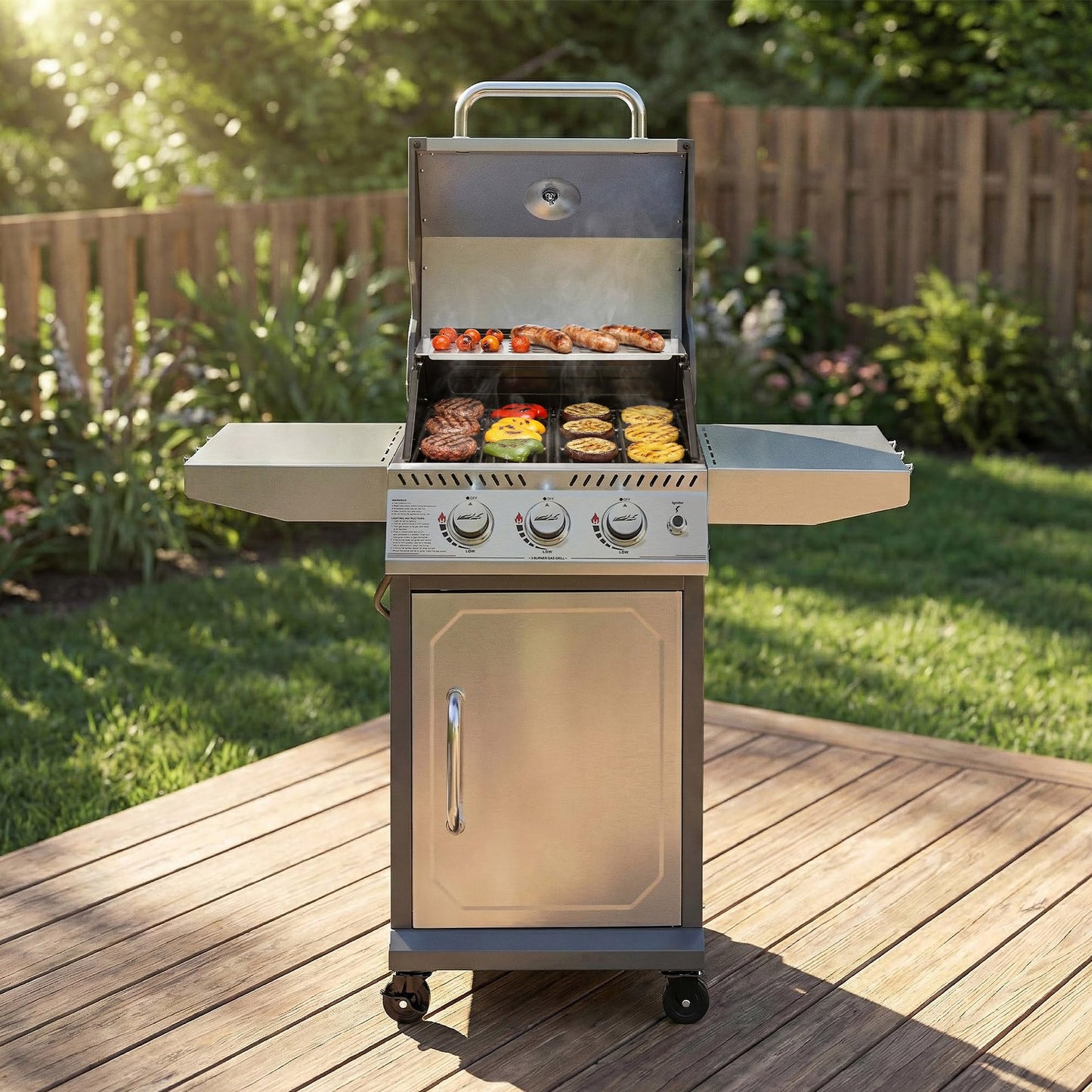 Royal Gourmet GG3001S 3 Burner Propane Gas Grill with Warming Rack, Stainless Steel Cabinet Style Gas Grill with 25,500 BTUs Output for Barbecue Grilling & Backyard Cooking, Silver