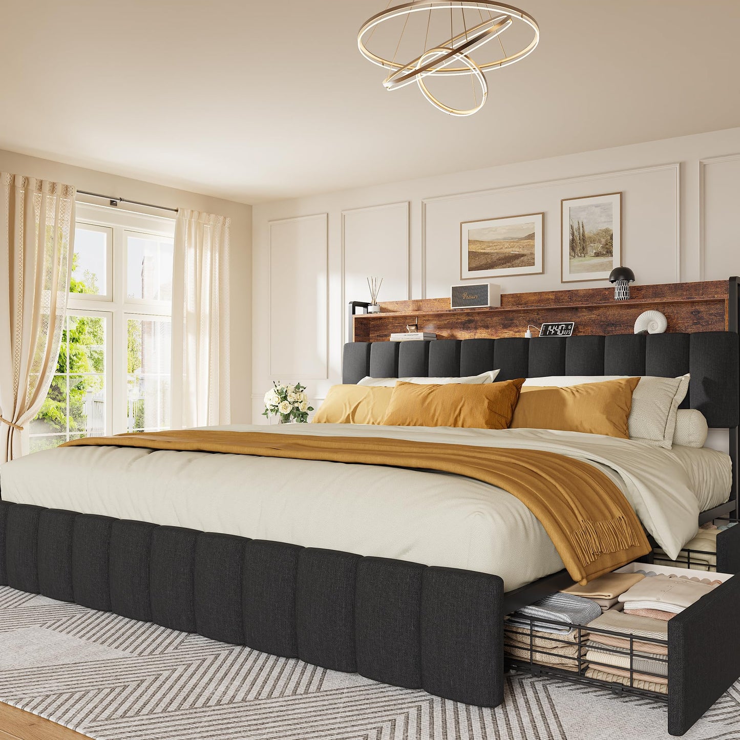 PRAISUN Bed Frame King Size with Upholstered Headboard & Charging Station, King Bed Frame with 4 Storage Drawers, 2-Tier Open Shelves, No Box Spring Needed, Slient Foam Strip, Easy Assembly, Black