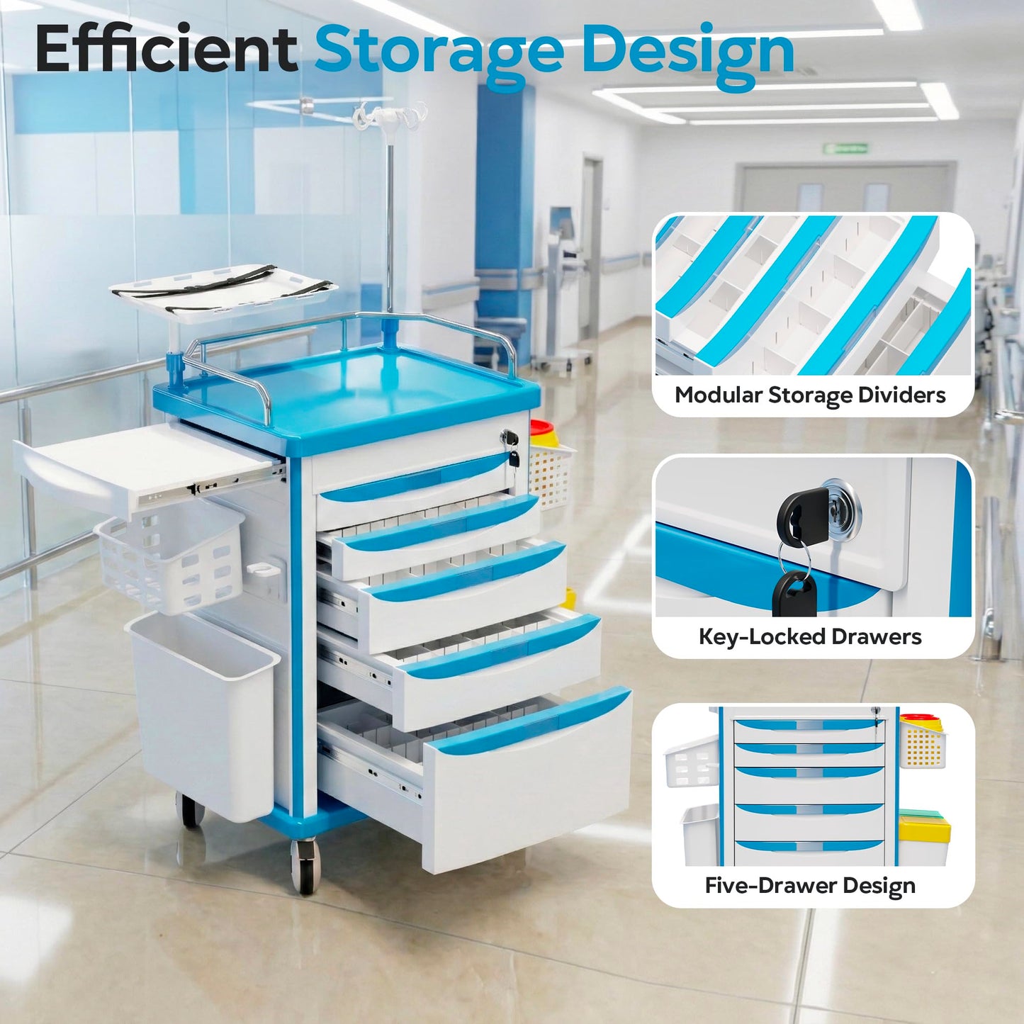 Fuzren Medical Rolling Storage Crash Cart with Wheels, 5-Tier Medical Cart with Drawers, Adjustable IV Pole, Trash Bin & O2 Holder, Needle Disposal Holder, Silent Casters, Ideal for Hospitals (Blue)