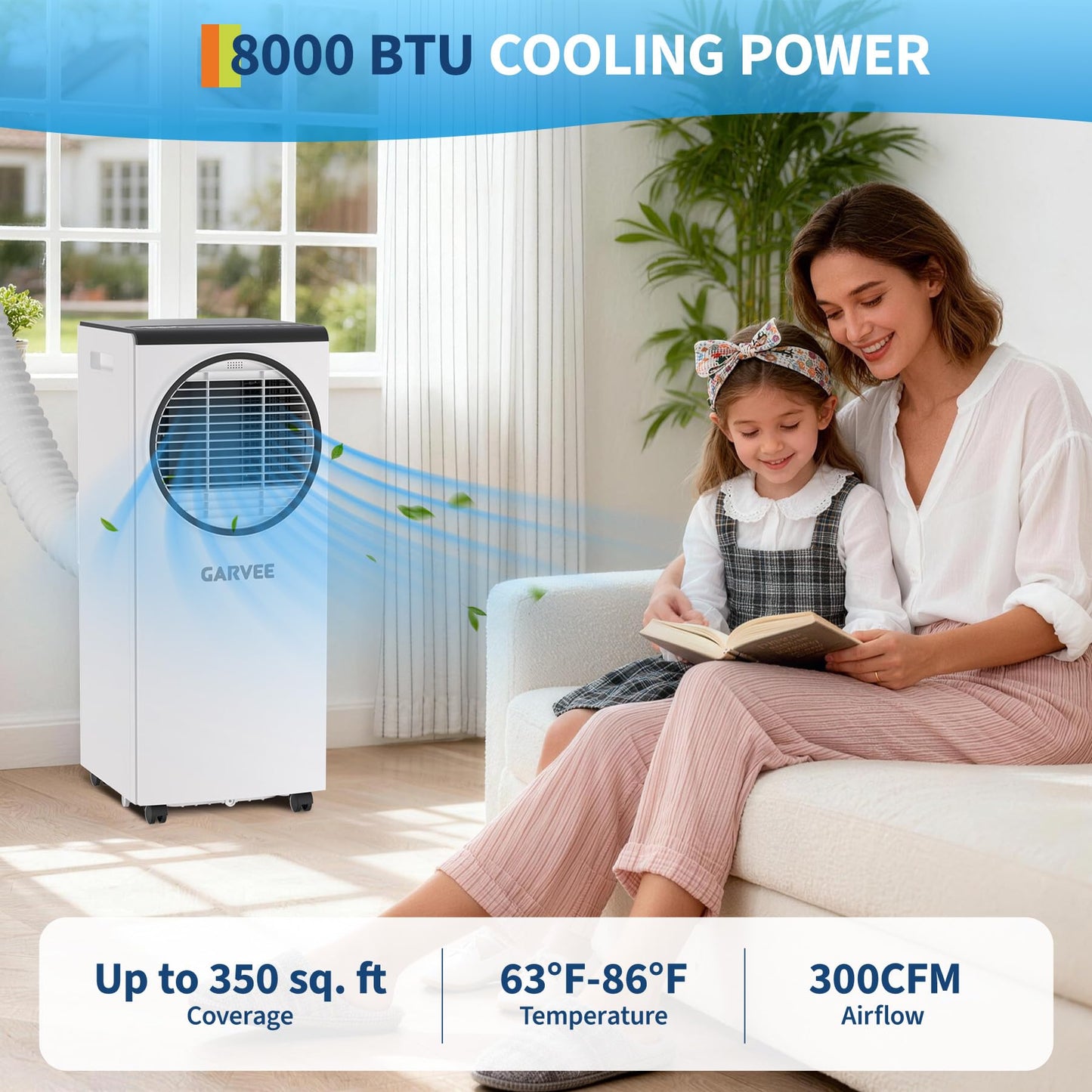 Garvee 8000 BTU Portable Air Conditioner, Portable AC Unit with Dehumidifier, Fan and Remote Control, Energy Efficient Indoor AC Conditioner for Rooms up to 350 Sq. Ft., White