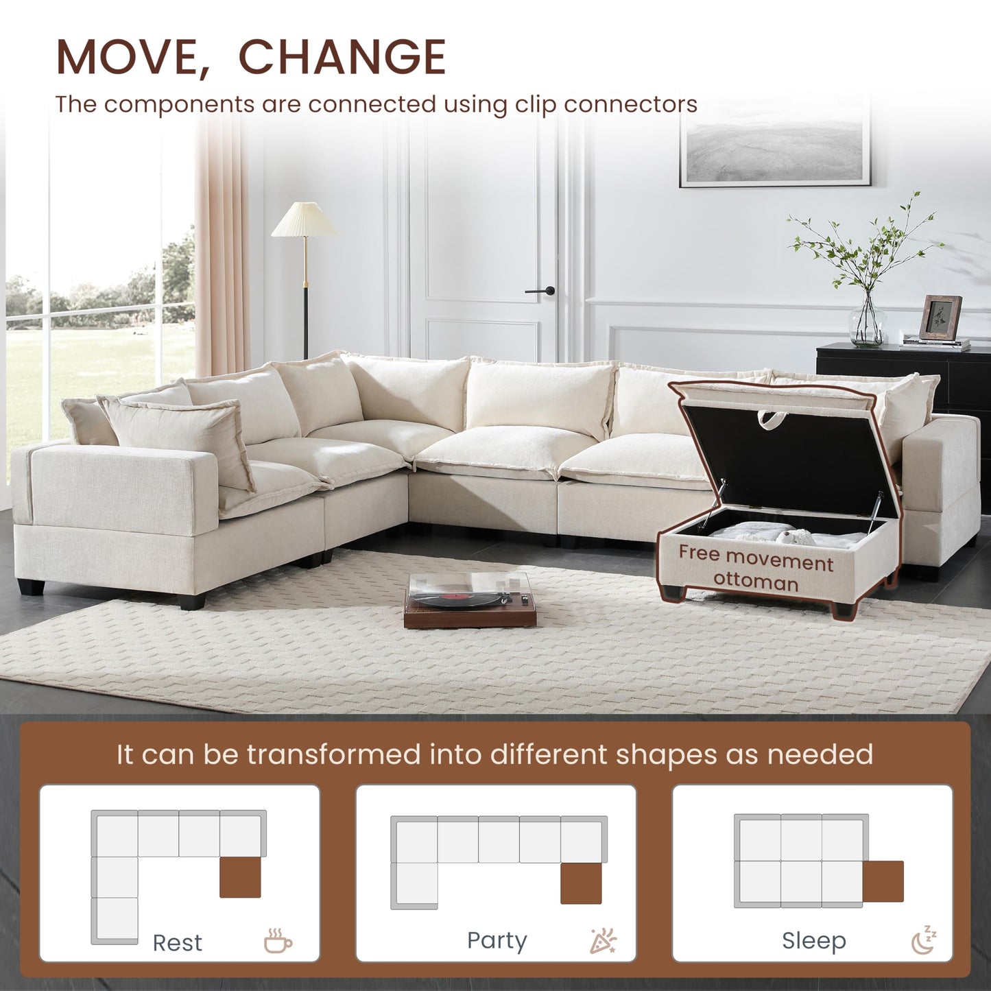 Merax Modern U-Shaped Modular Couch Set with Storage Ottoman, Chenille 7-Seat Sectional Sofa Sleeper Bed with Wide Seat for Living Room, Free Combination,Off White