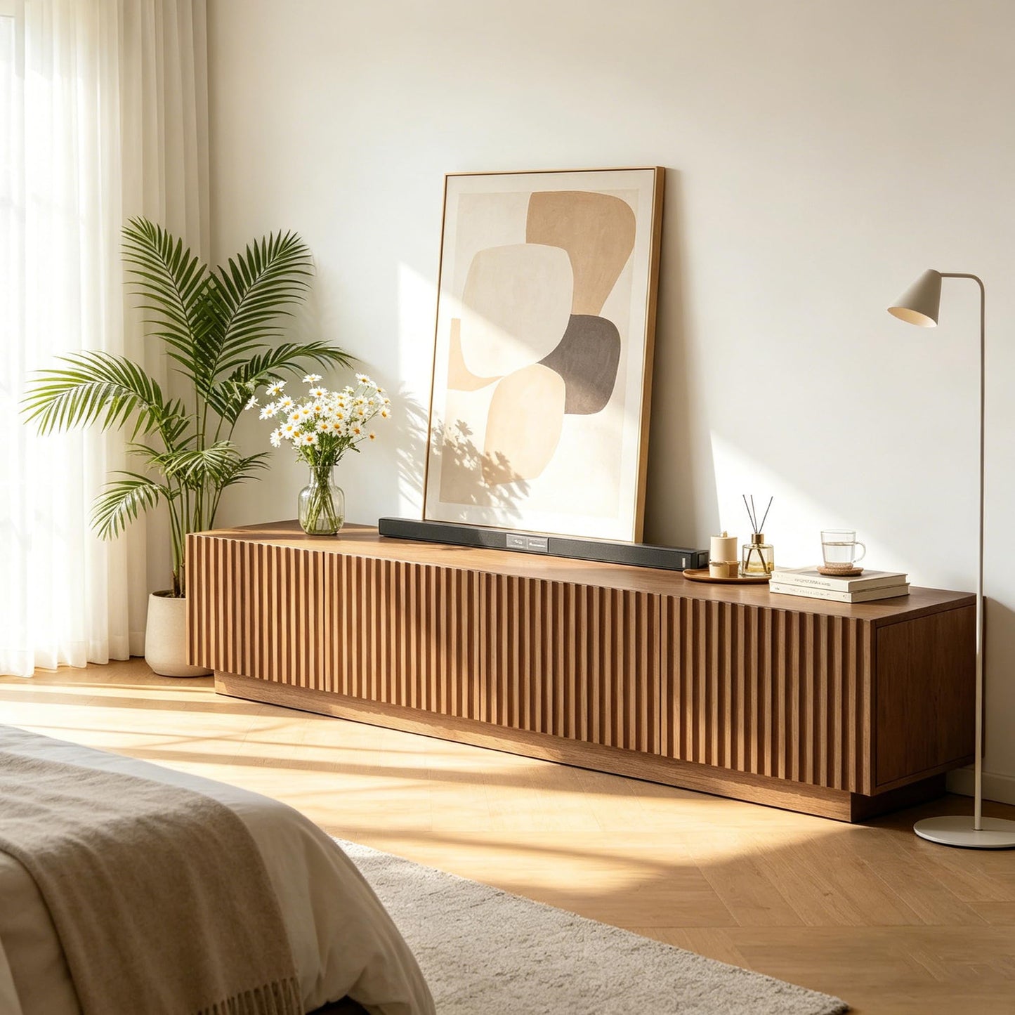 NessCarsti 86.61" Mid-Century Modern TV Stand for TVs up to 85", Sturdy Living Room Furniture Media Console with Large Storage Space, Entertainment Center for Living Room and Bedroom, Walnut